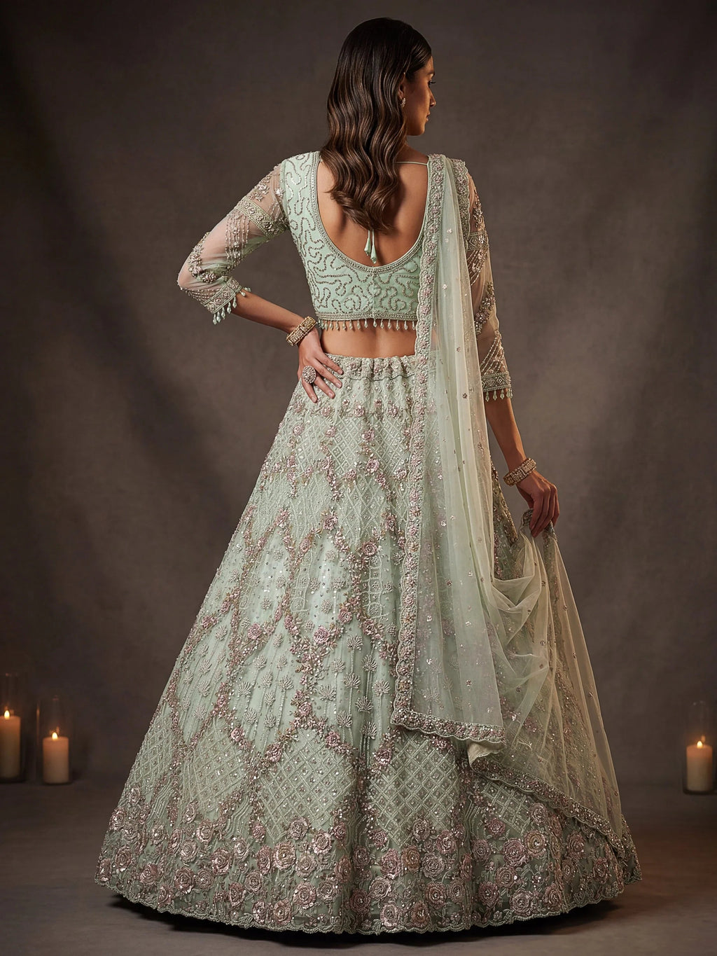 Green Notable Multi Thread Work Net Reception Wear Lehenga With Blouse