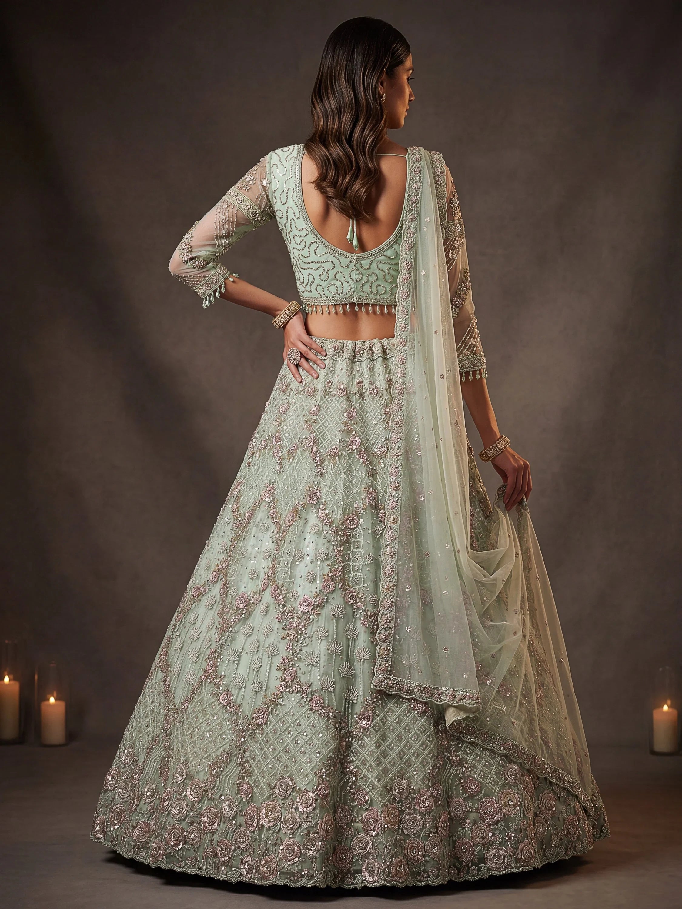 Green Notable Multi Thread Work Net Reception Wear Lehenga With Blouse
