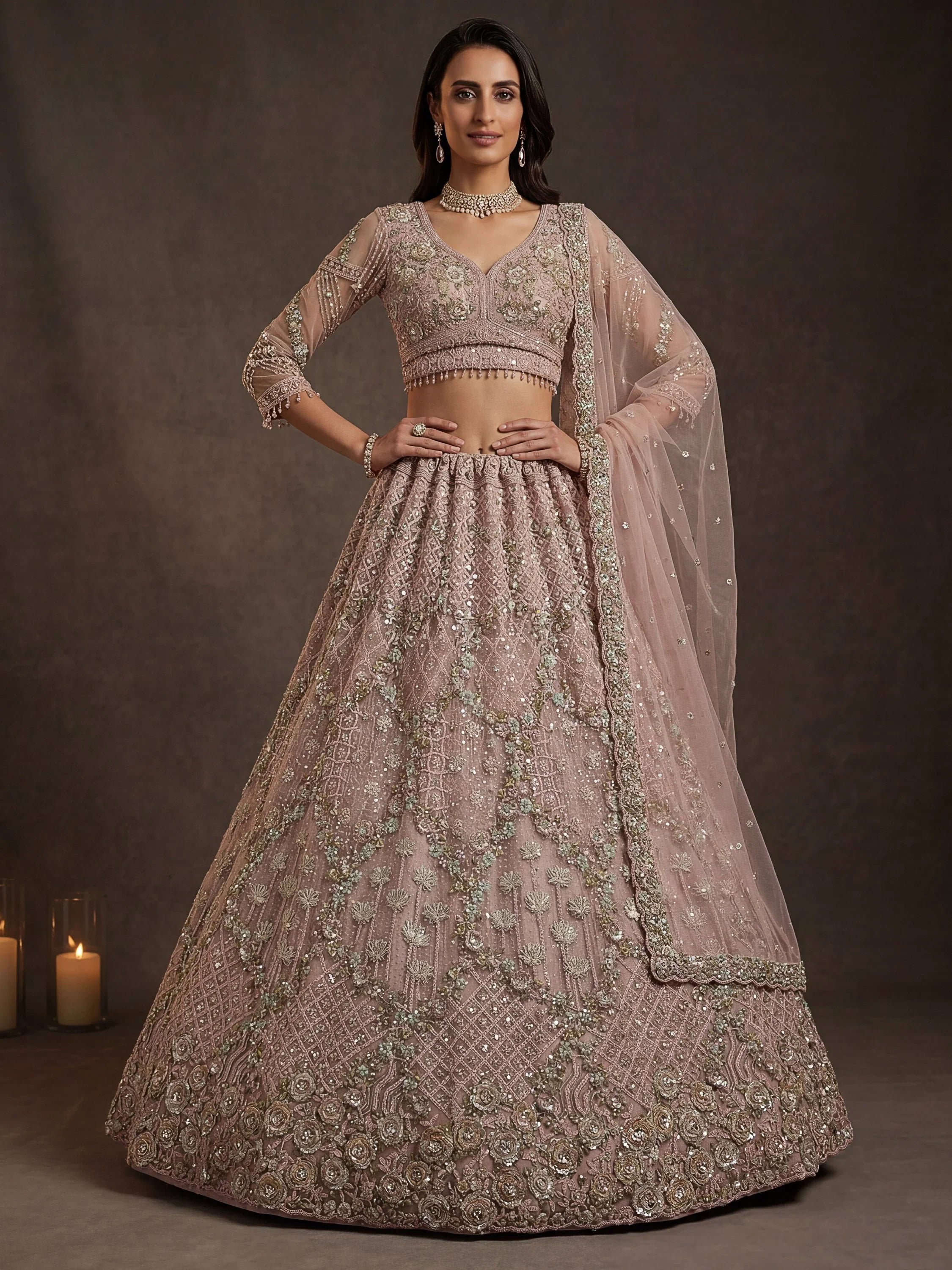 Pink Notable Multi Thread Work Net Reception Wear Lehenga With Blouse