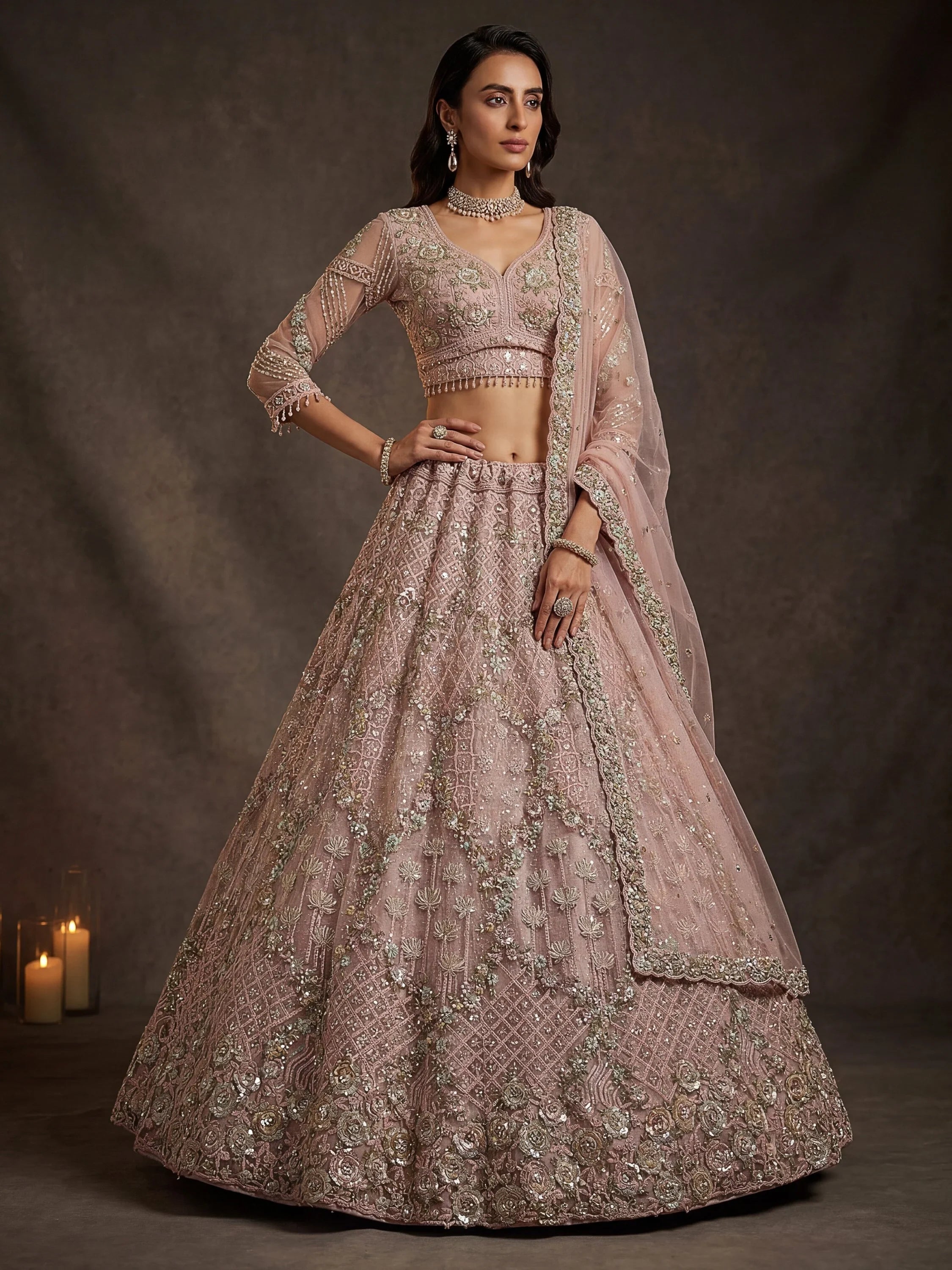 Pink Notable Multi Thread Work Net Reception Wear Lehenga With Blouse