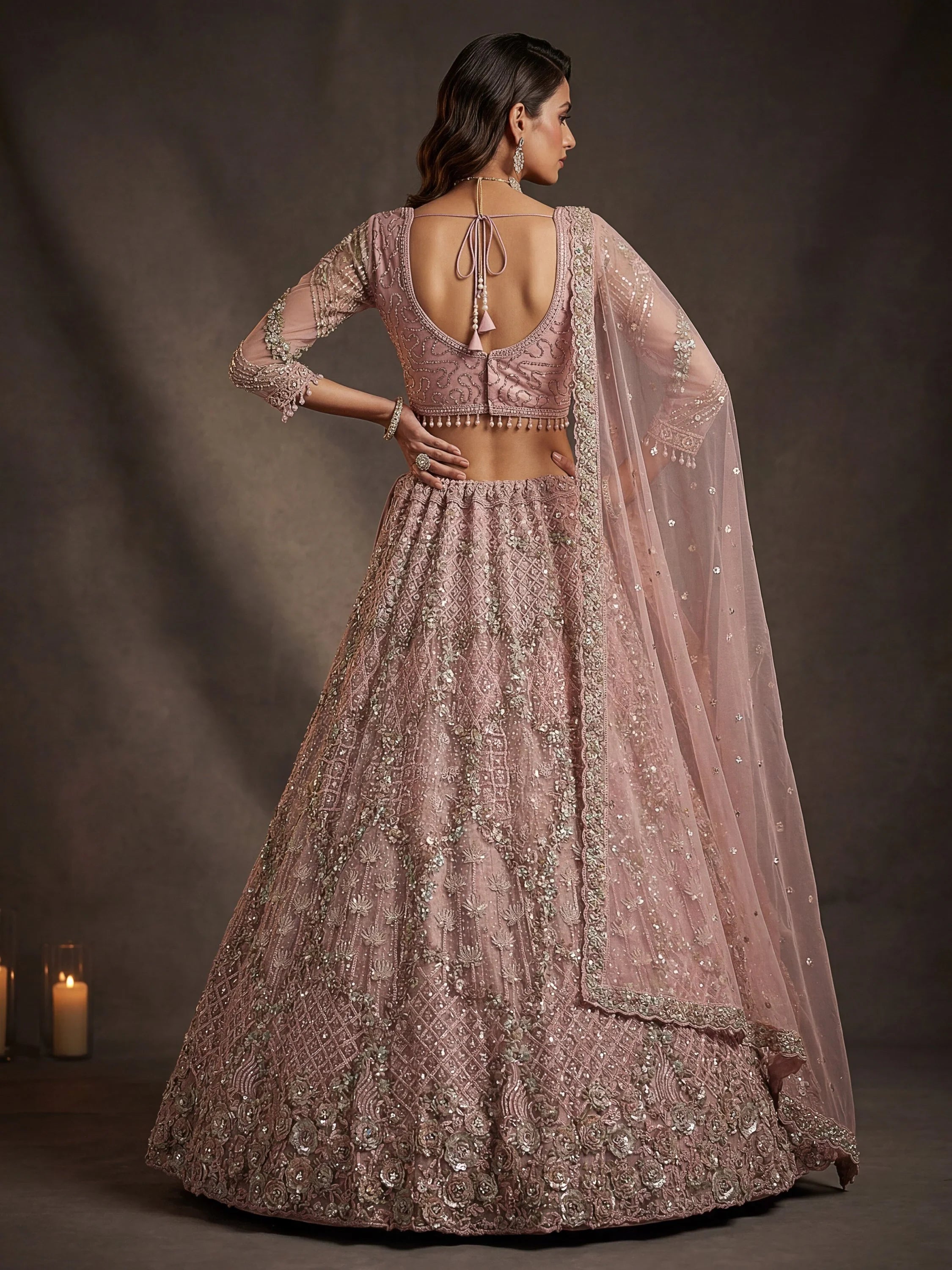 Pink Notable Multi Thread Work Net Reception Wear Lehenga With Blouse