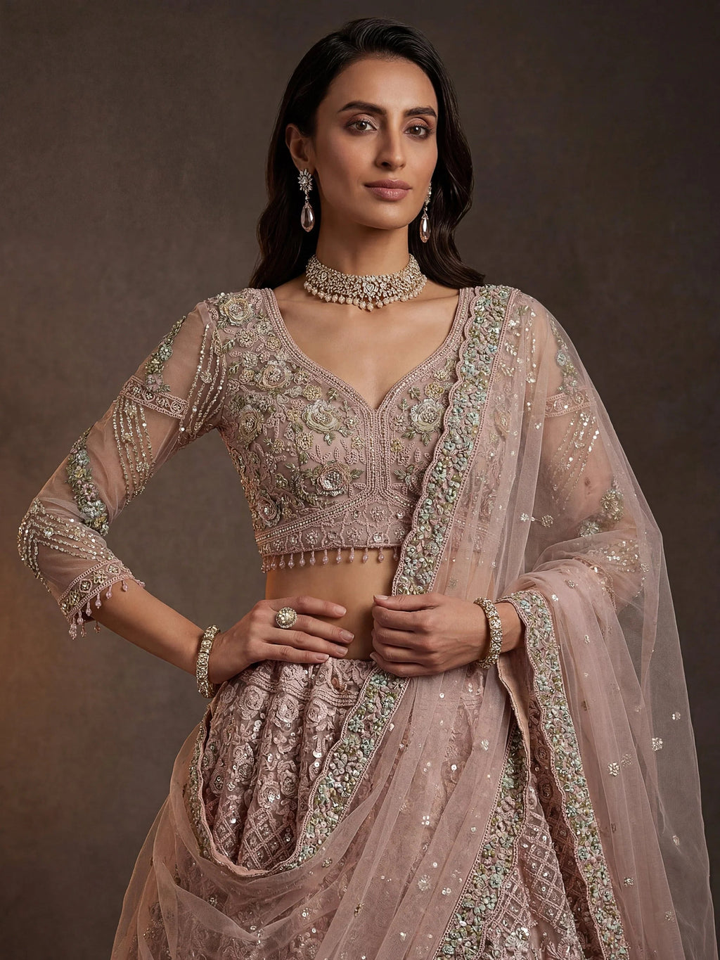 Pink Notable Multi Thread Work Net Reception Wear Lehenga With Blouse