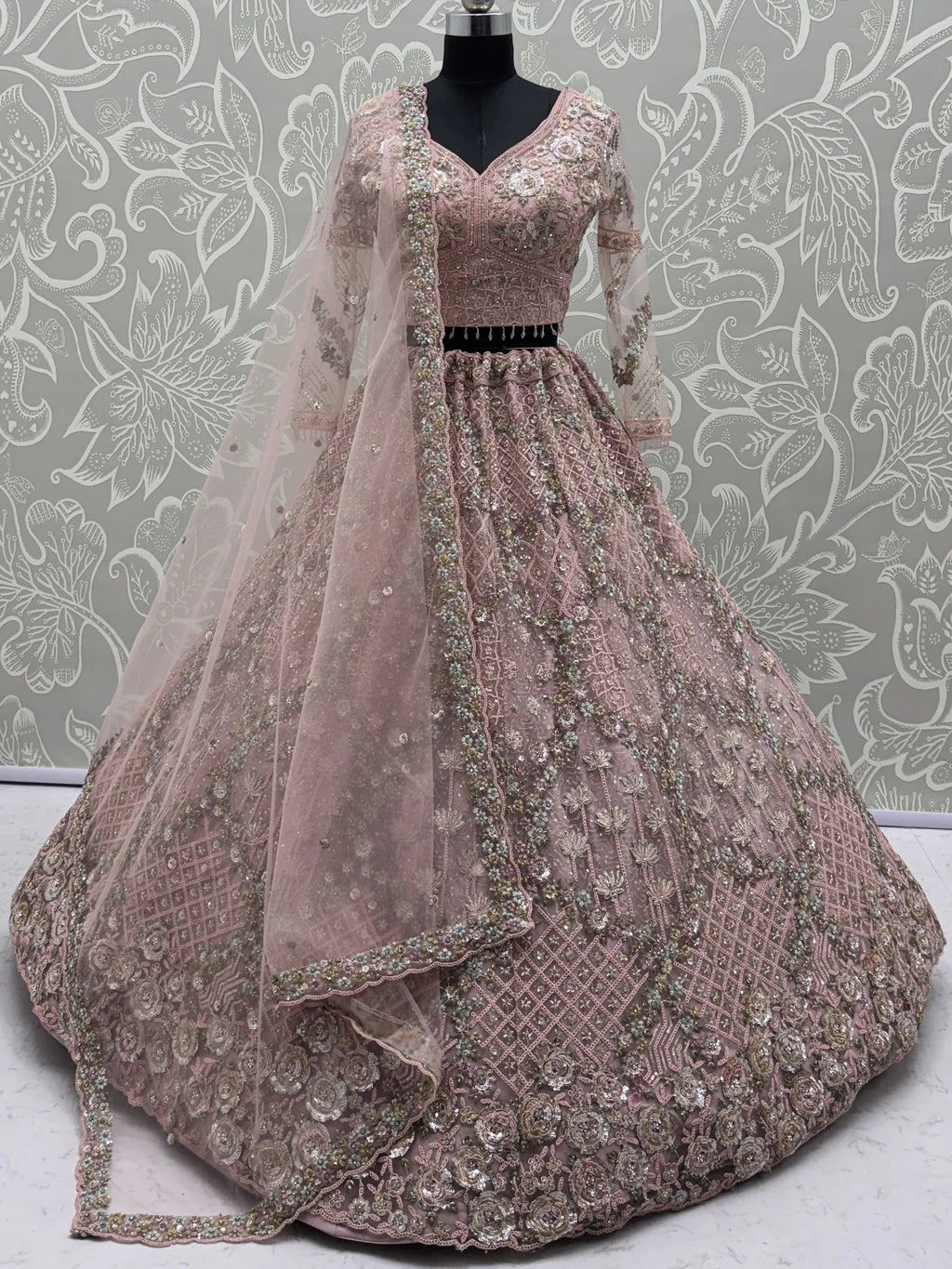 Pink Notable Multi Thread Work Net Reception Wear Lehenga With Blouse