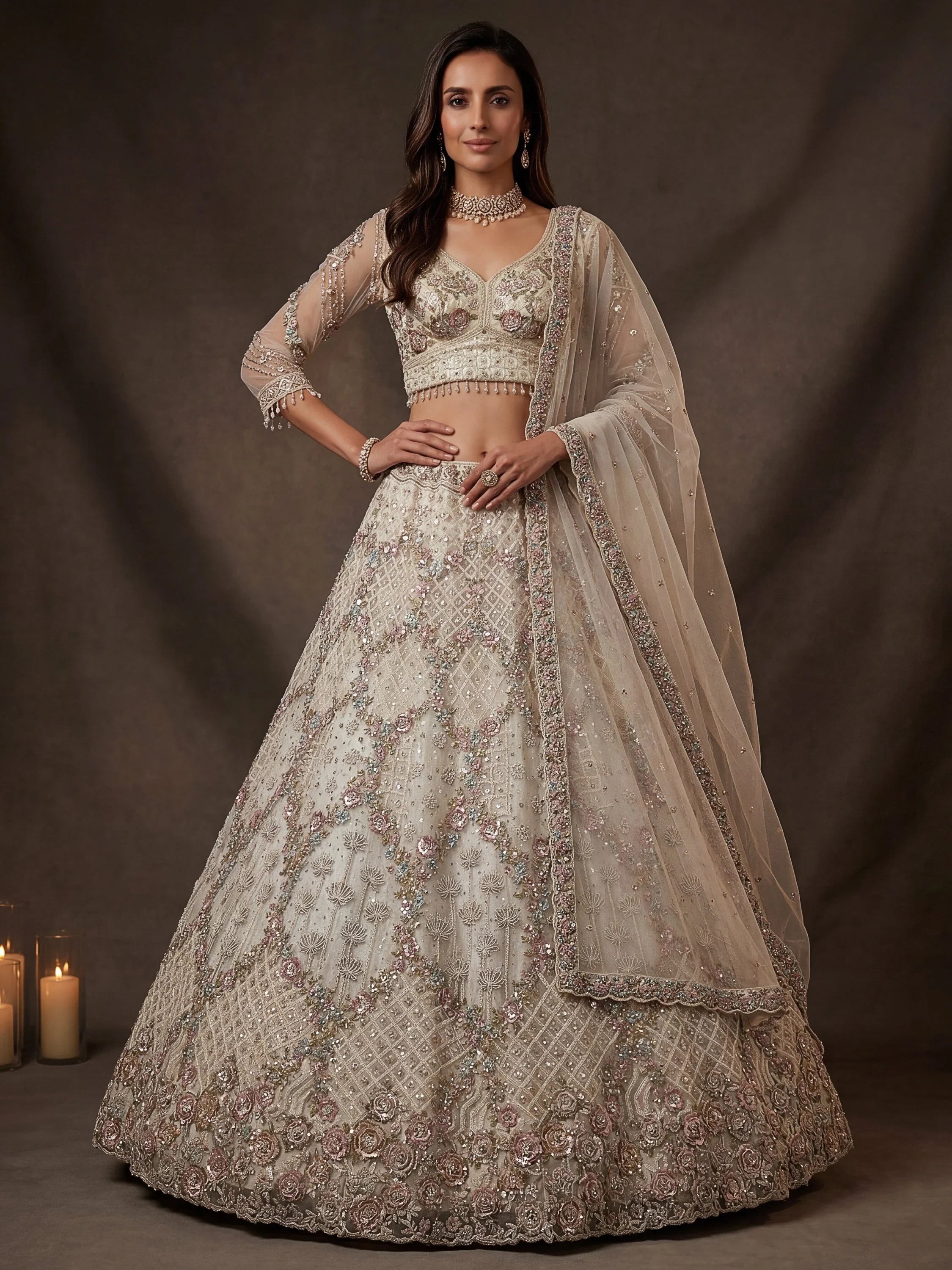 White Notable Multi Thread Work Net Reception Wear Lehenga With Blouse