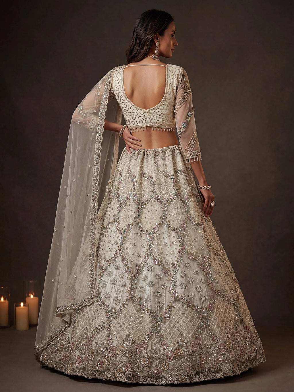 White Notable Multi Thread Work Net Reception Wear Lehenga With Blouse