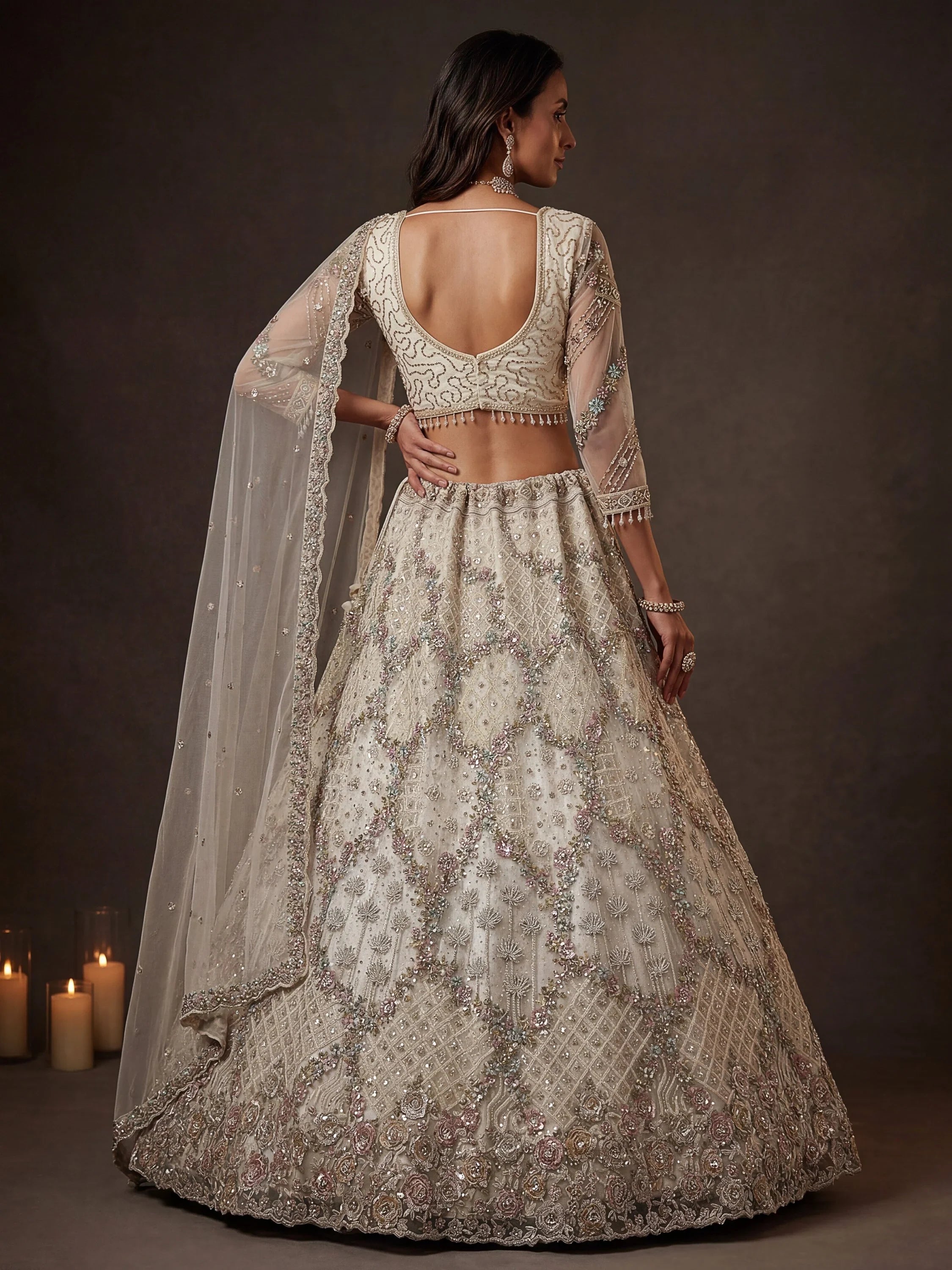 White Notable Multi Thread Work Net Reception Wear Lehenga With Blouse