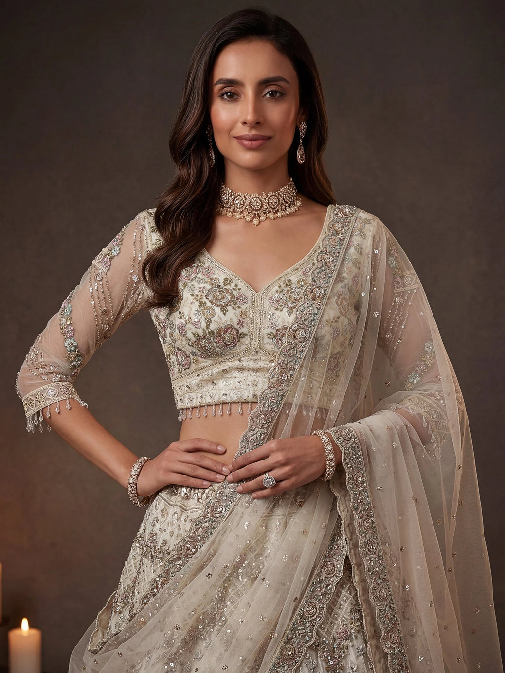 White Notable Multi Thread Work Net Reception Wear Lehenga With Blouse