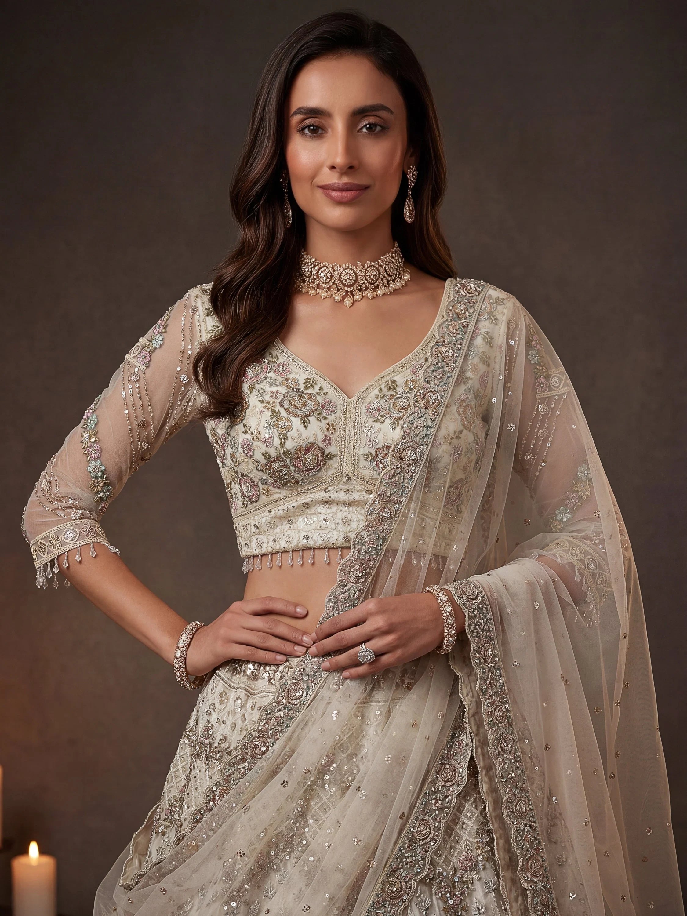 White Notable Multi Thread Work Net Reception Wear Lehenga With Blouse