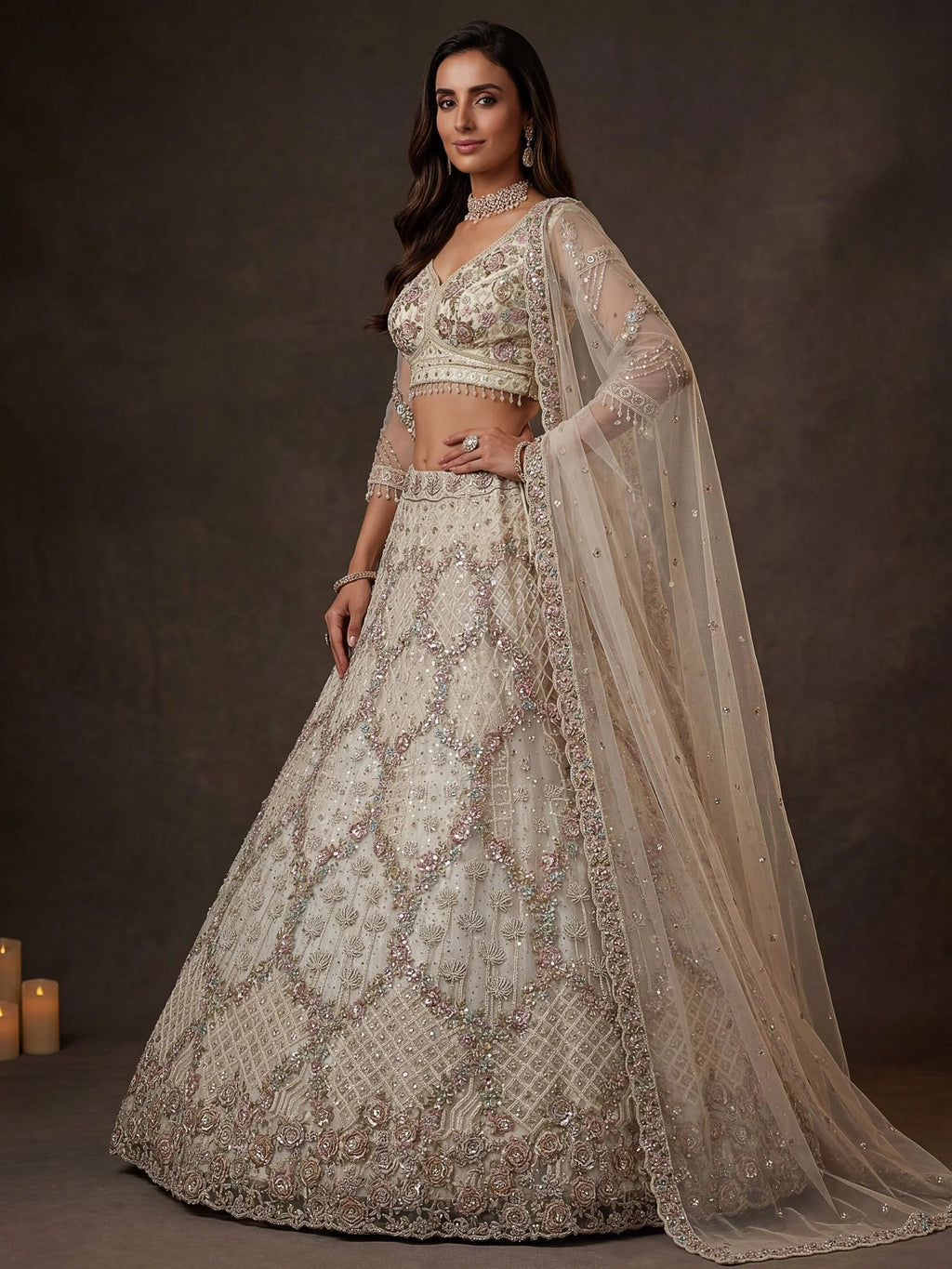 White Notable Multi Thread Work Net Reception Wear Lehenga With Blouse