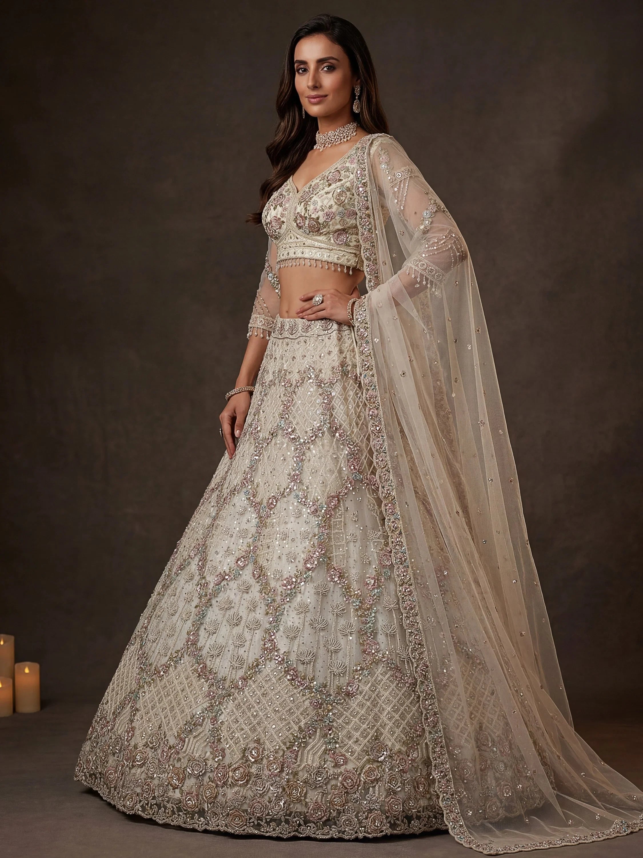 White Notable Multi Thread Work Net Reception Wear Lehenga With Blouse