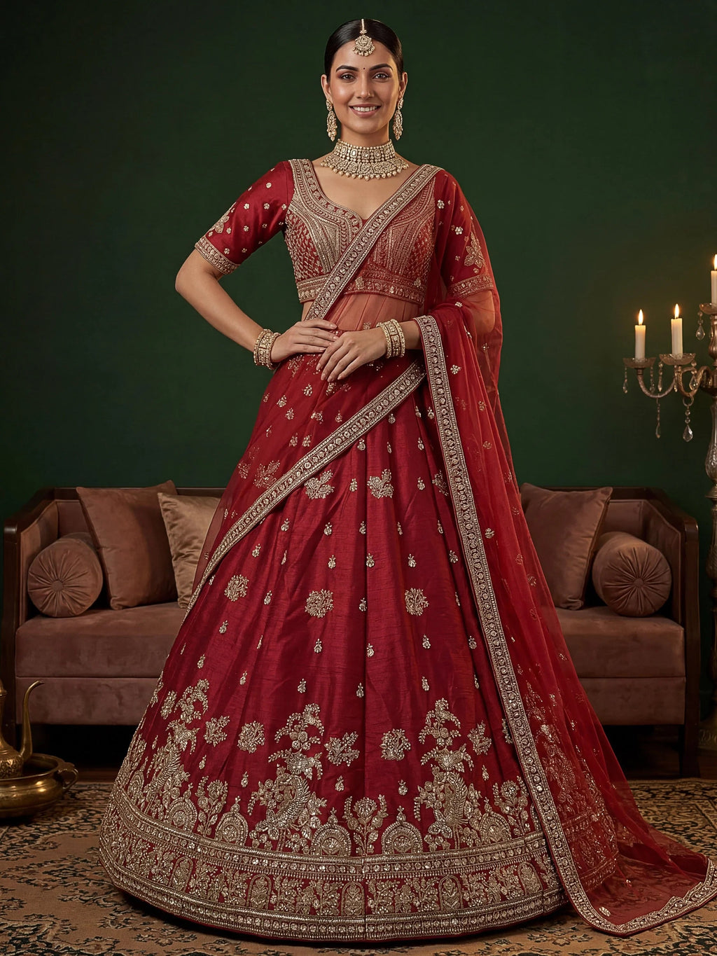 Red Appealing Bead Work Silk Bridal Lehenga Choli With Double Dupatta