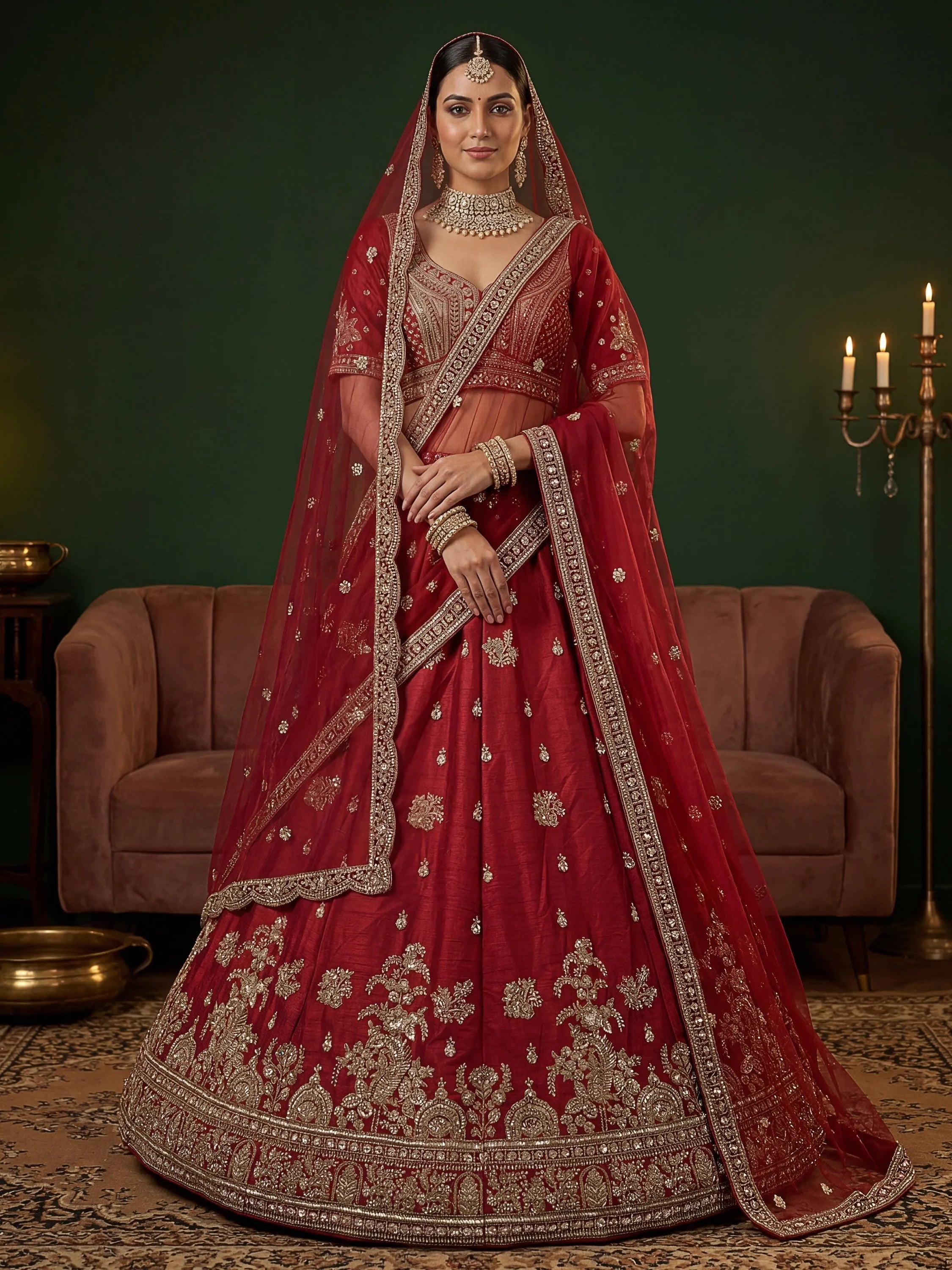 Red Appealing Bead Work Silk Bridal Lehenga Choli With Double Dupatta