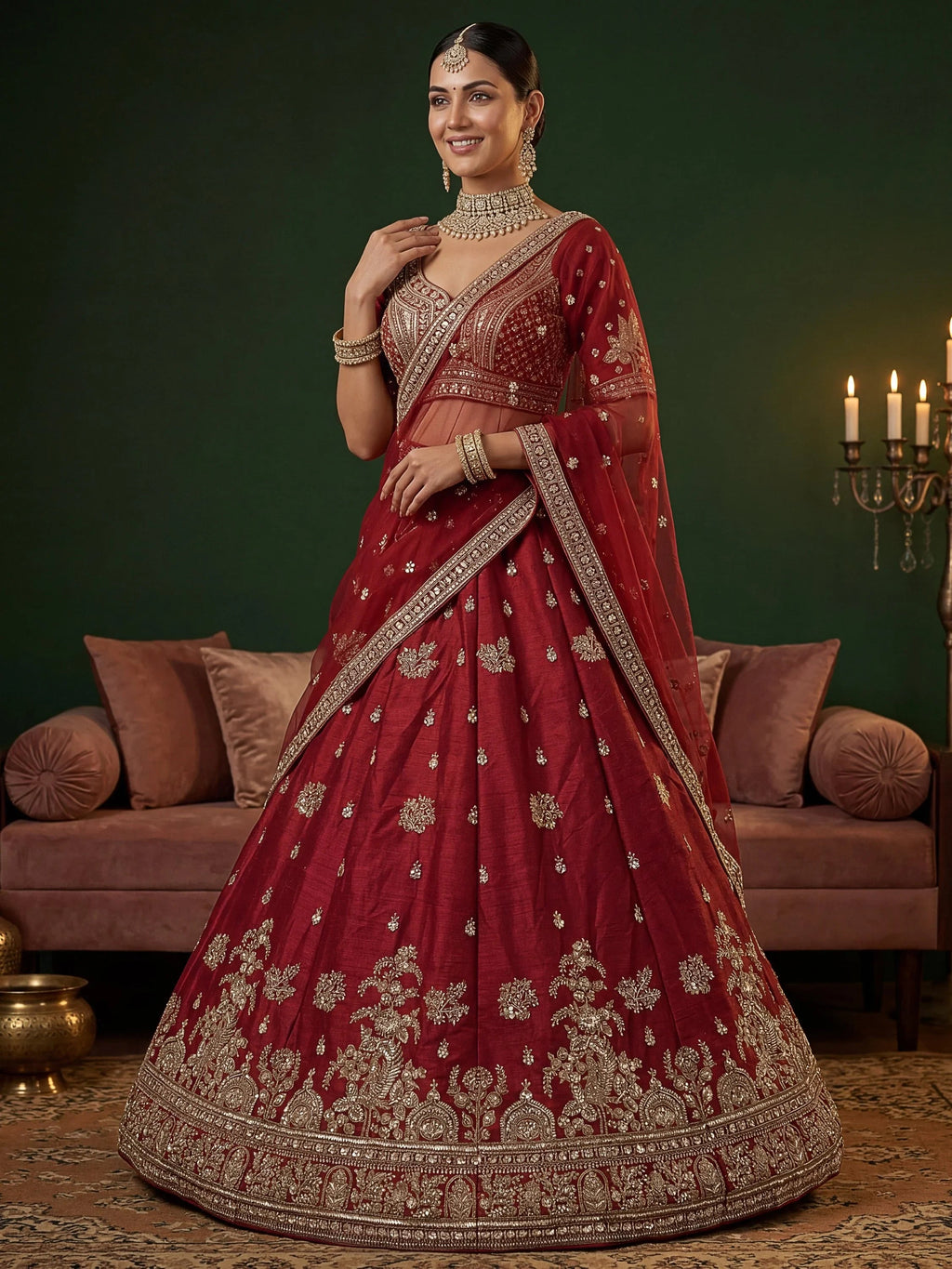 Red Appealing Bead Work Silk Bridal Lehenga Choli With Double Dupatta