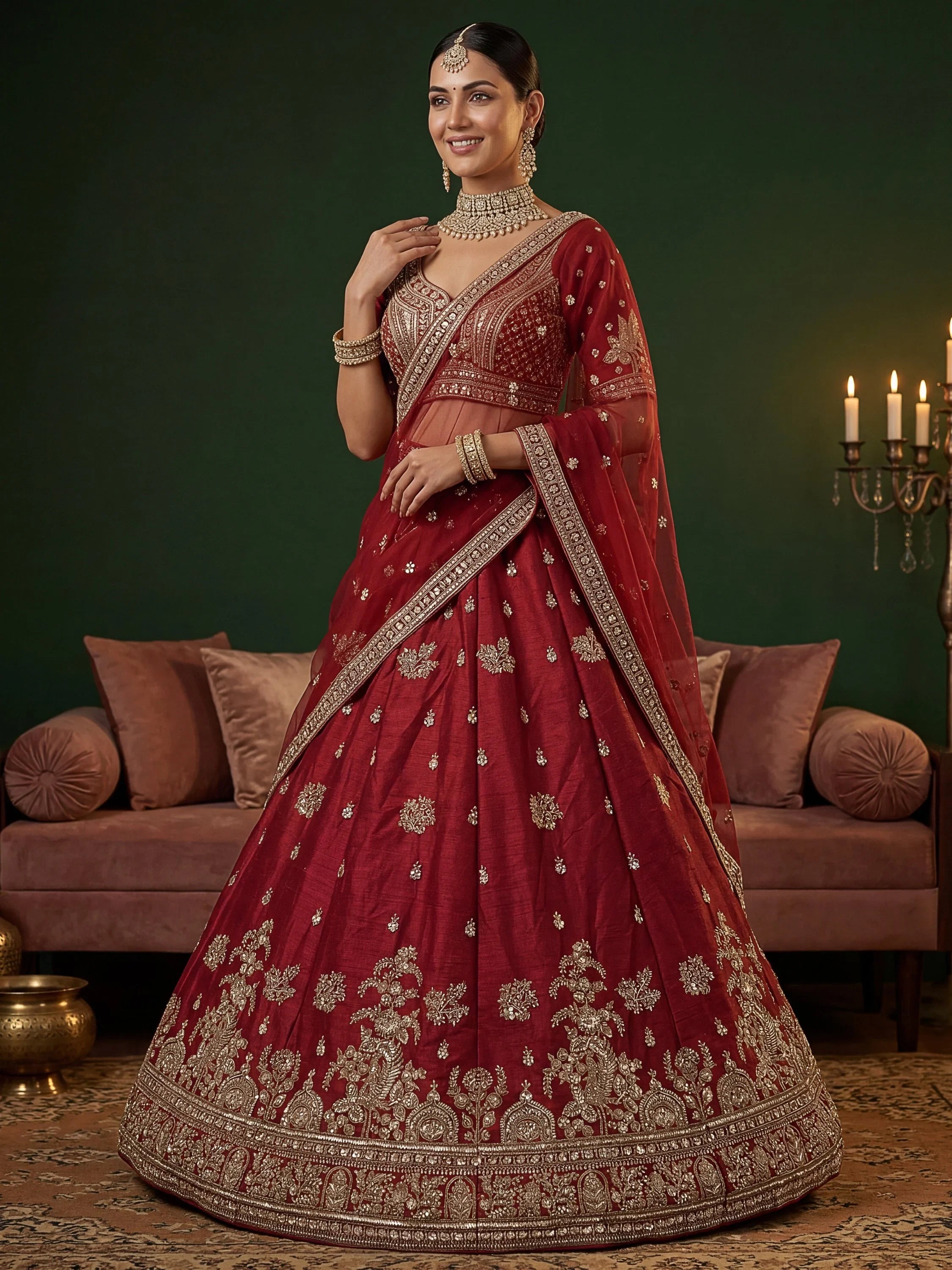 Red Appealing Bead Work Silk Bridal Lehenga Choli With Double Dupatta