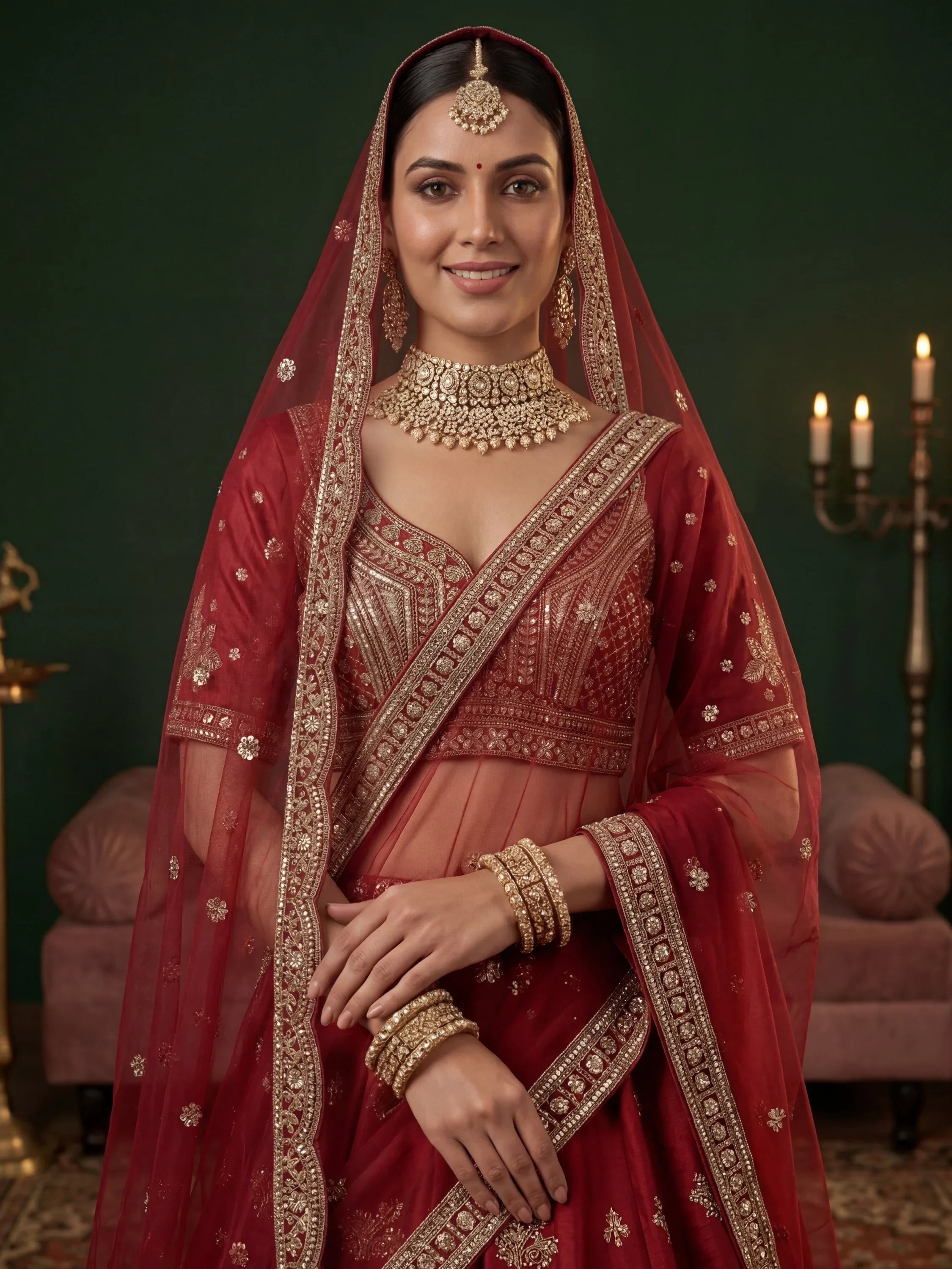 Red Appealing Bead Work Silk Bridal Lehenga Choli With Double Dupatta