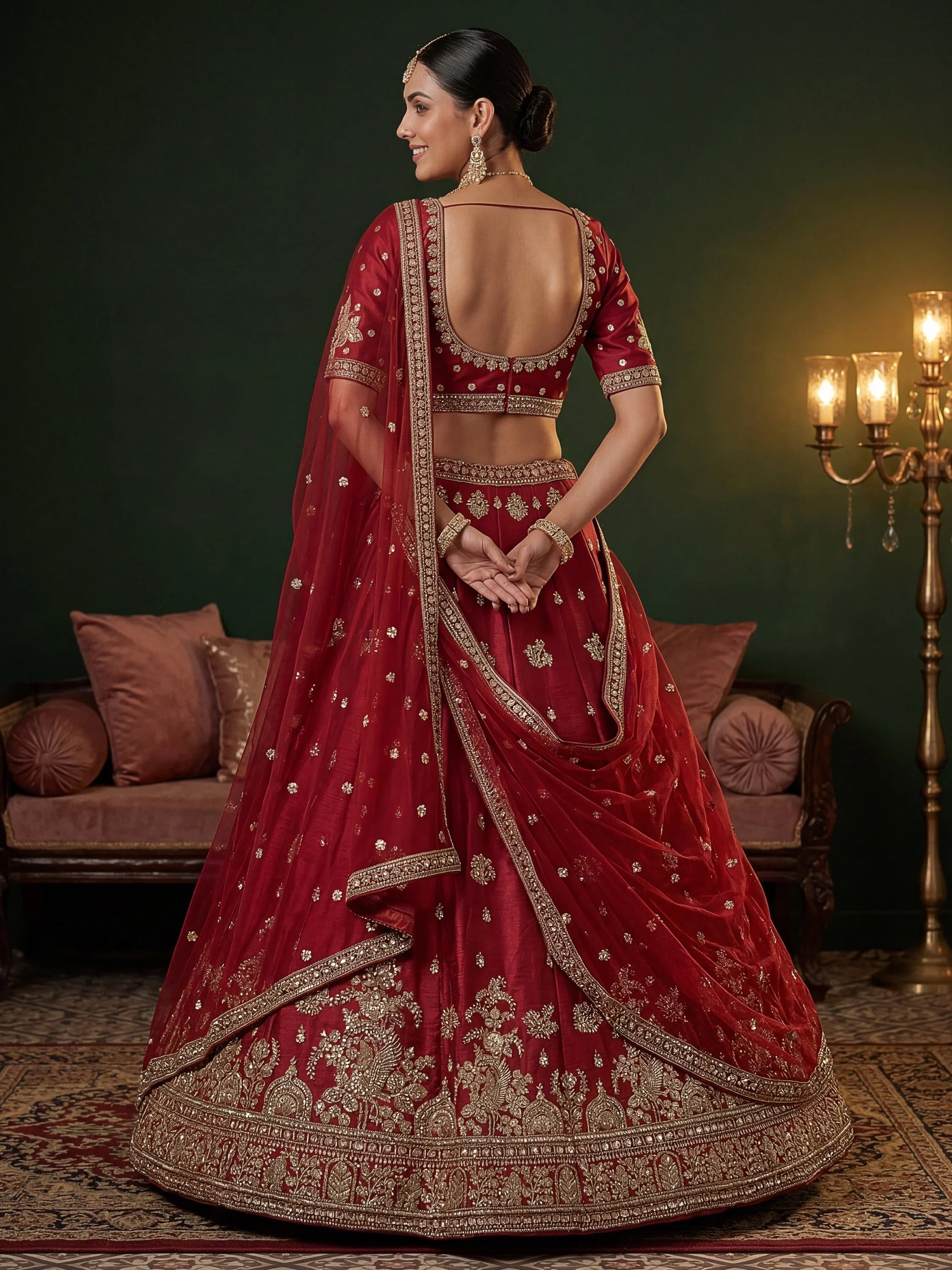 Red Appealing Bead Work Silk Bridal Lehenga Choli With Double Dupatta