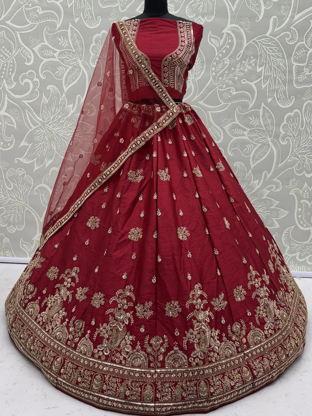 Red Appealing Bead Work Silk Bridal Lehenga Choli With Double Dupatta