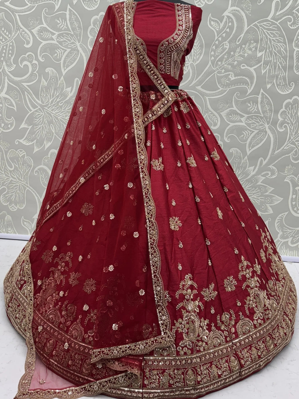 Red Appealing Bead Work Silk Bridal Lehenga Choli With Double Dupatta