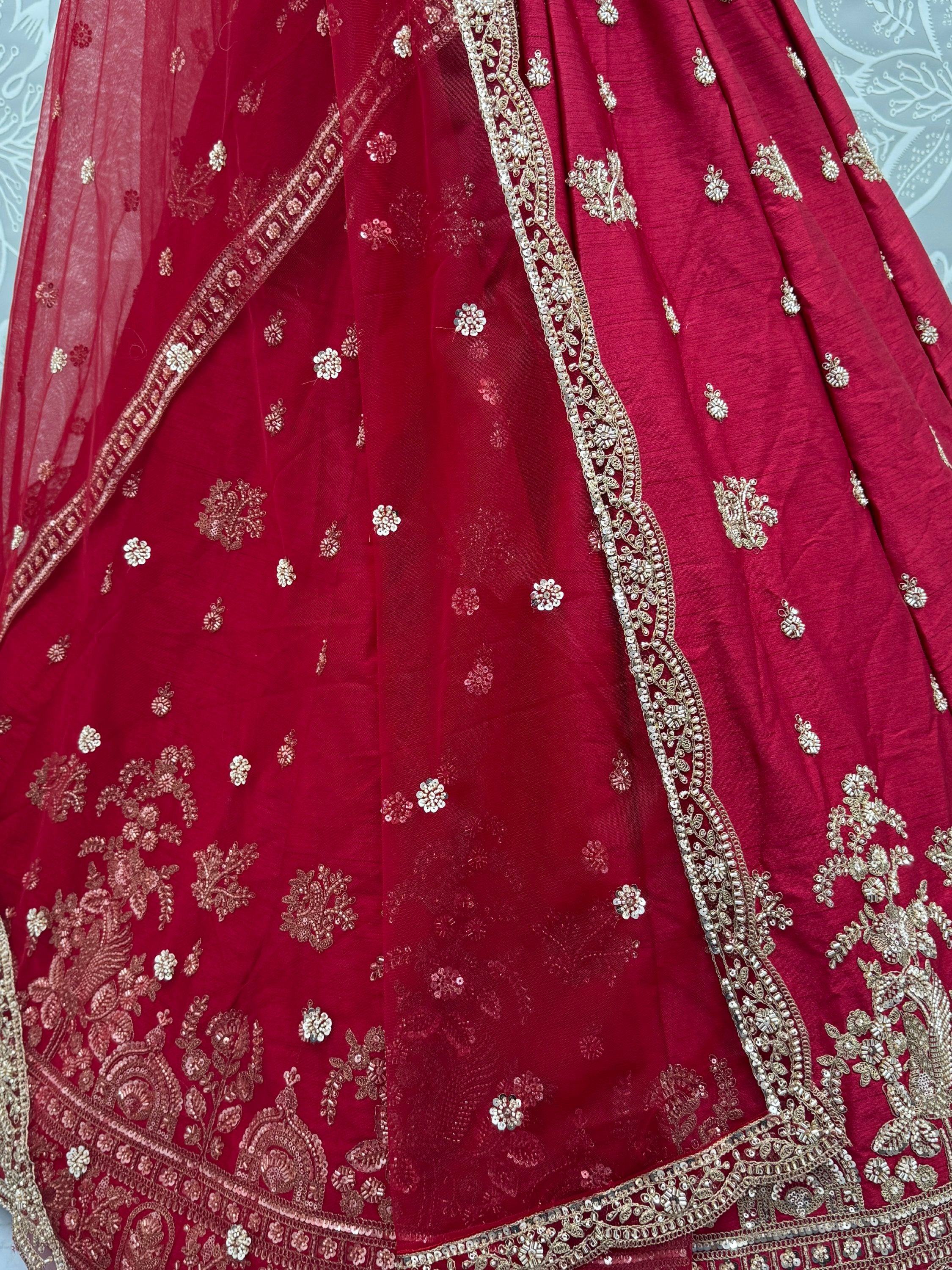 Red Appealing Bead Work Silk Bridal Lehenga Choli With Double Dupatta