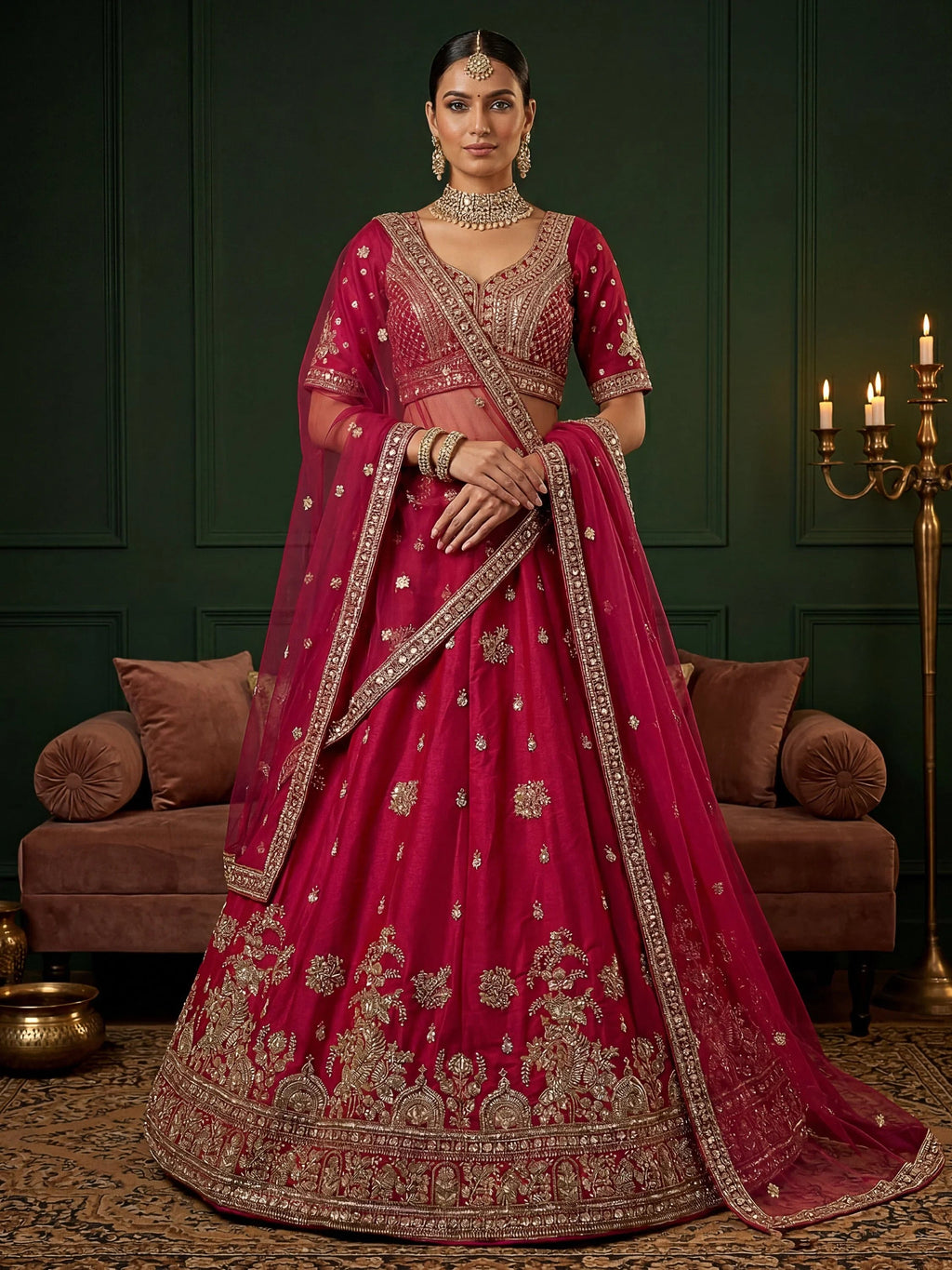 Pink Appealing Bead Work Silk Bridal Lehenga Choli With Double Dupatta