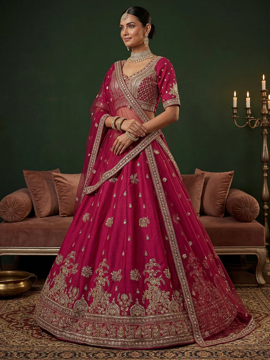 Pink Appealing Bead Work Silk Bridal Lehenga Choli With Double Dupatta