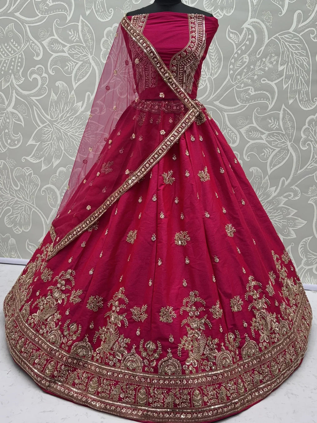 Pink Appealing Bead Work Silk Bridal Lehenga Choli With Double Dupatta