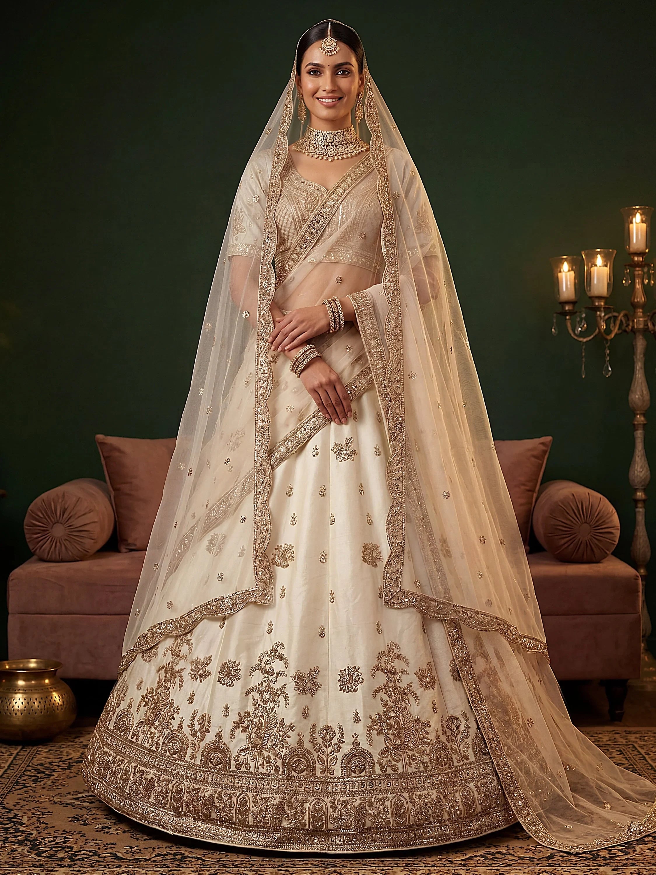 Off White Appealing Bead Work Silk Bridal Lehenga Choli With Double Dupatta