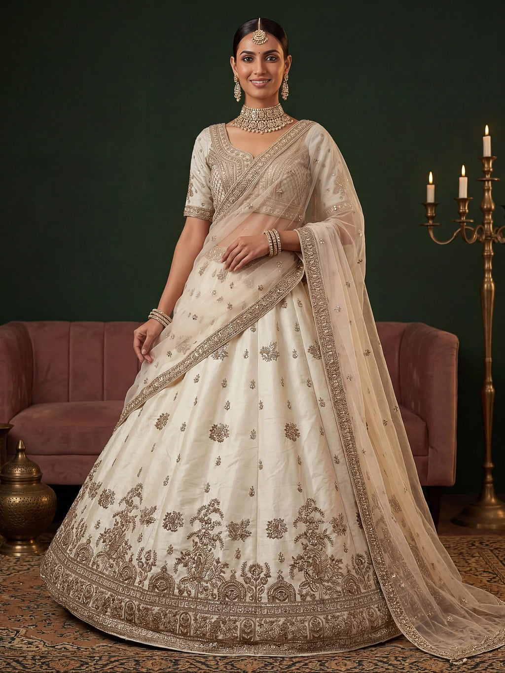 Off White Appealing Bead Work Silk Bridal Lehenga Choli With Double Dupatta