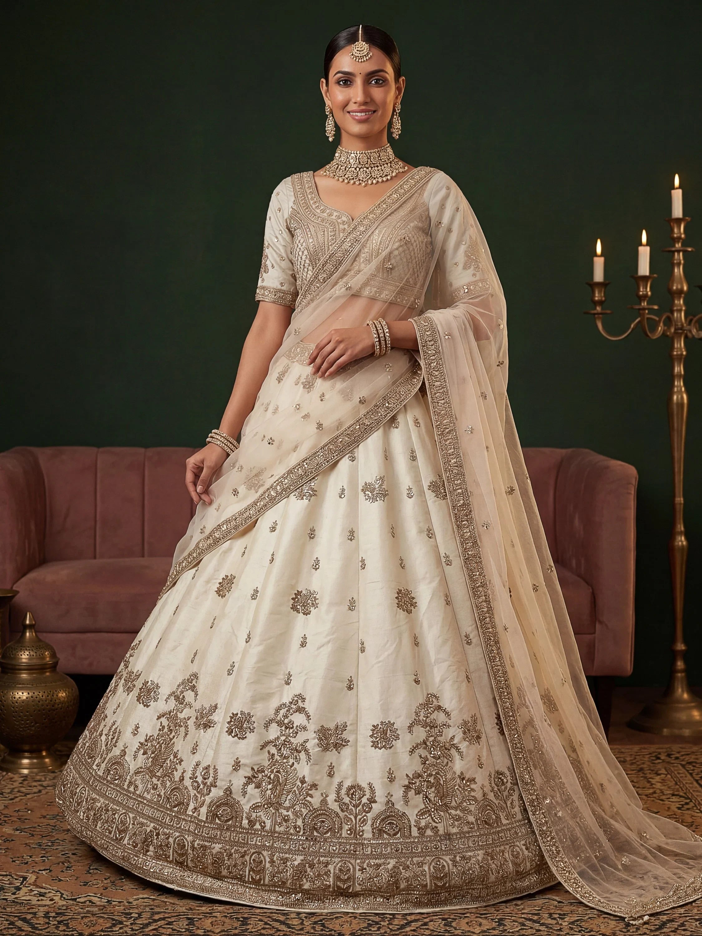 Off White Appealing Bead Work Silk Bridal Lehenga Choli With Double Dupatta
