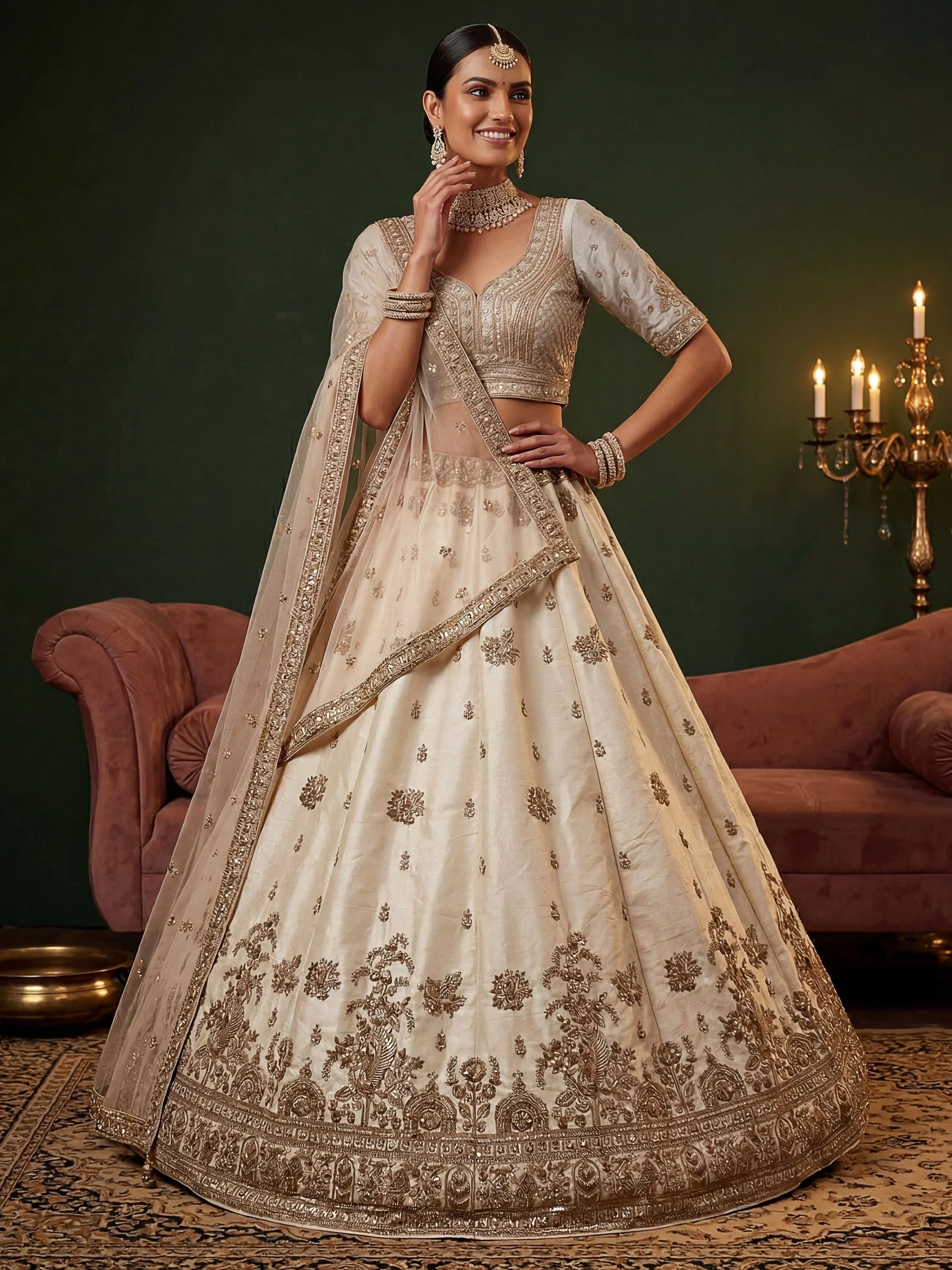 Off White Appealing Bead Work Silk Bridal Lehenga Choli With Double Dupatta