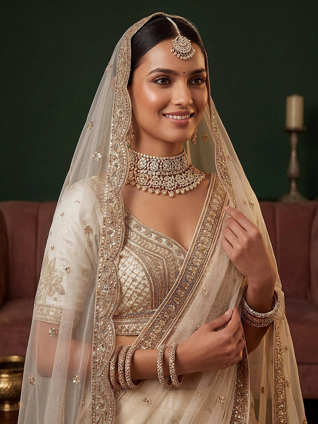 Off White Appealing Bead Work Silk Bridal Lehenga Choli With Double Dupatta