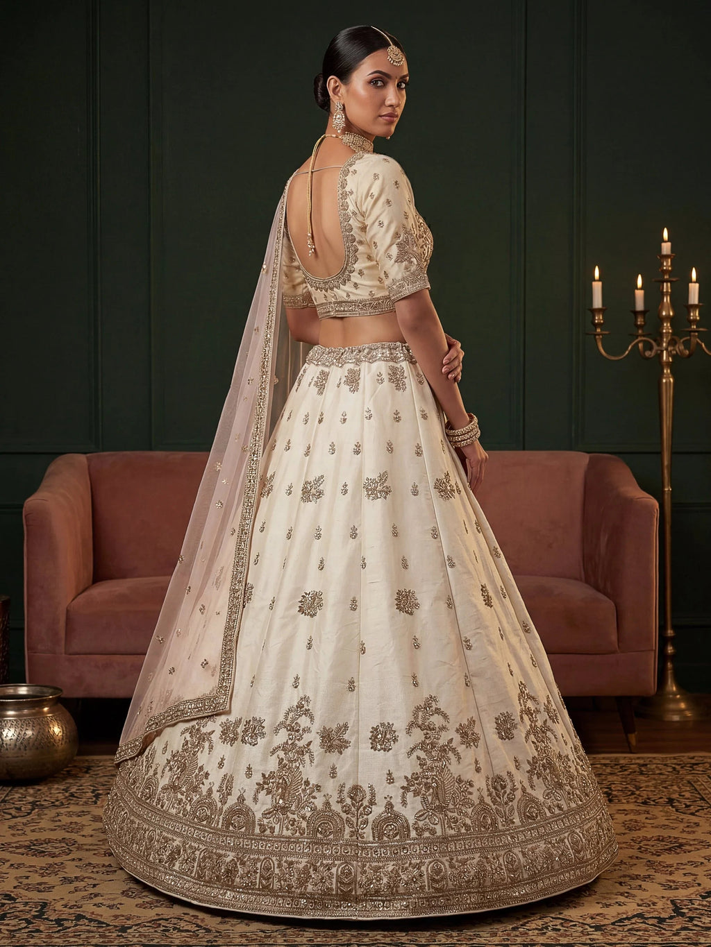 Off White Appealing Bead Work Silk Bridal Lehenga Choli With Double Dupatta