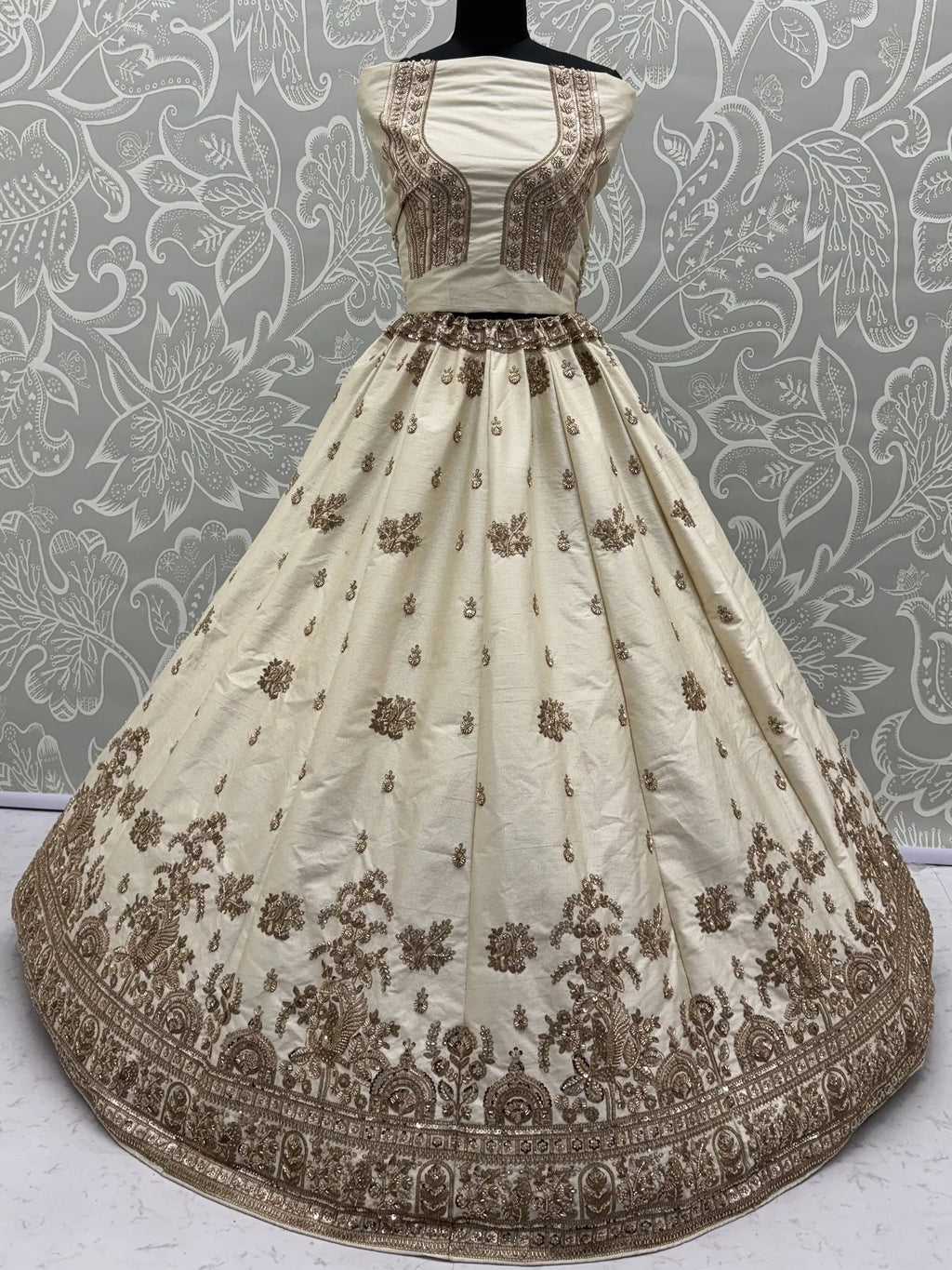 Off White Appealing Bead Work Silk Bridal Lehenga Choli With Double Dupatta