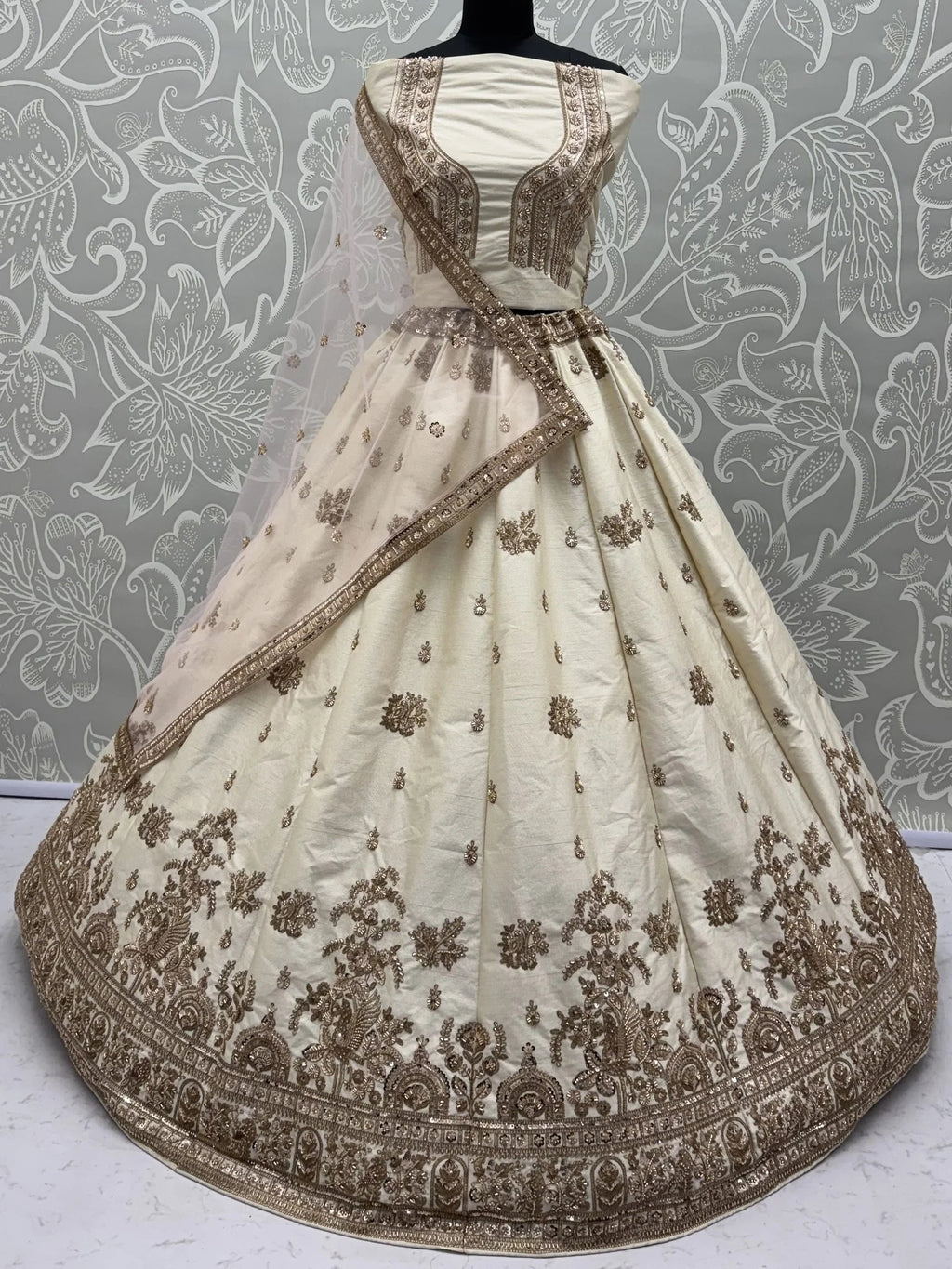 Off White Appealing Bead Work Silk Bridal Lehenga Choli With Double Dupatta