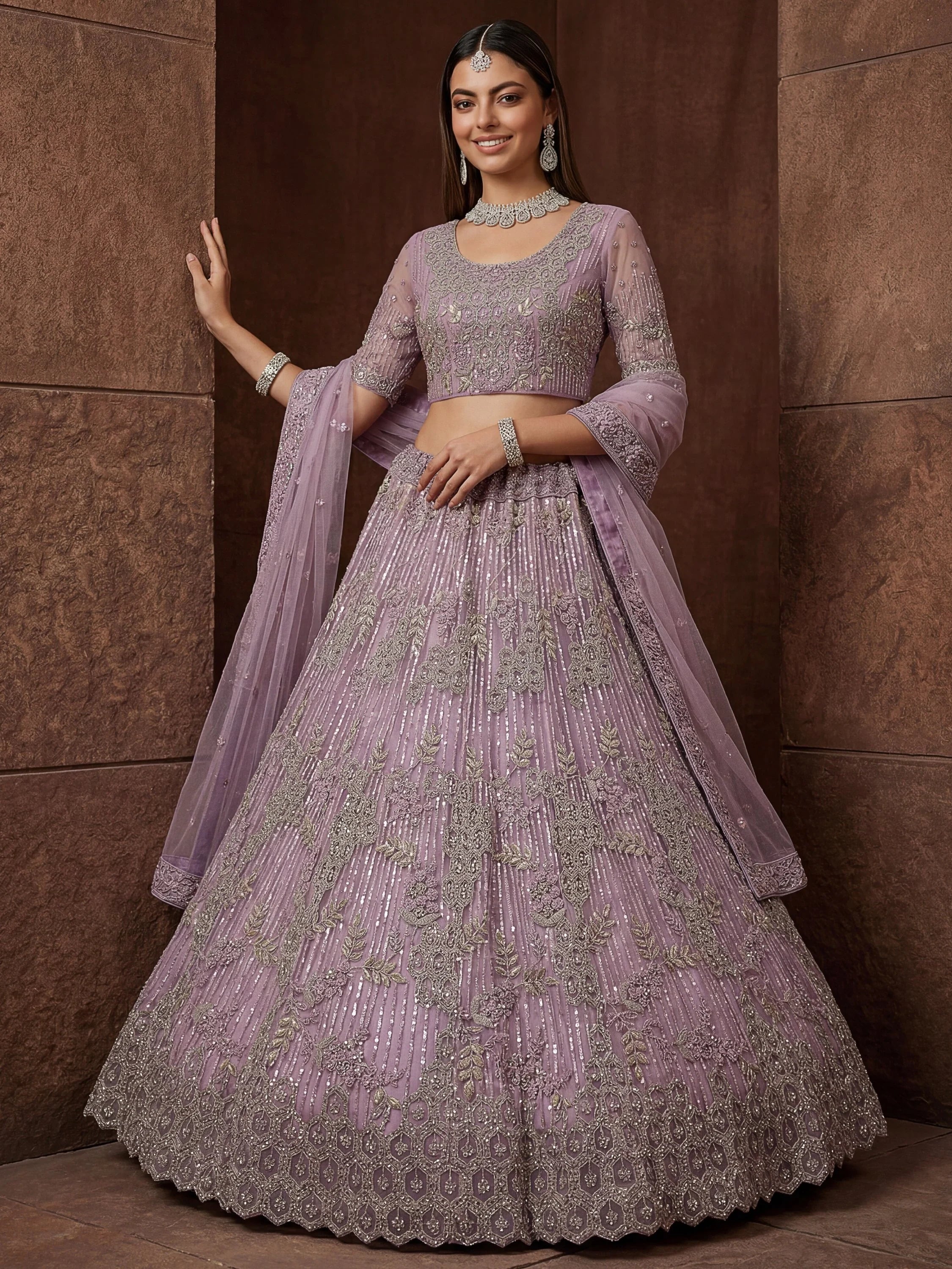 Lavender Breathtaking Zircon Work Net Bridesmaid Lehenga With Blouse