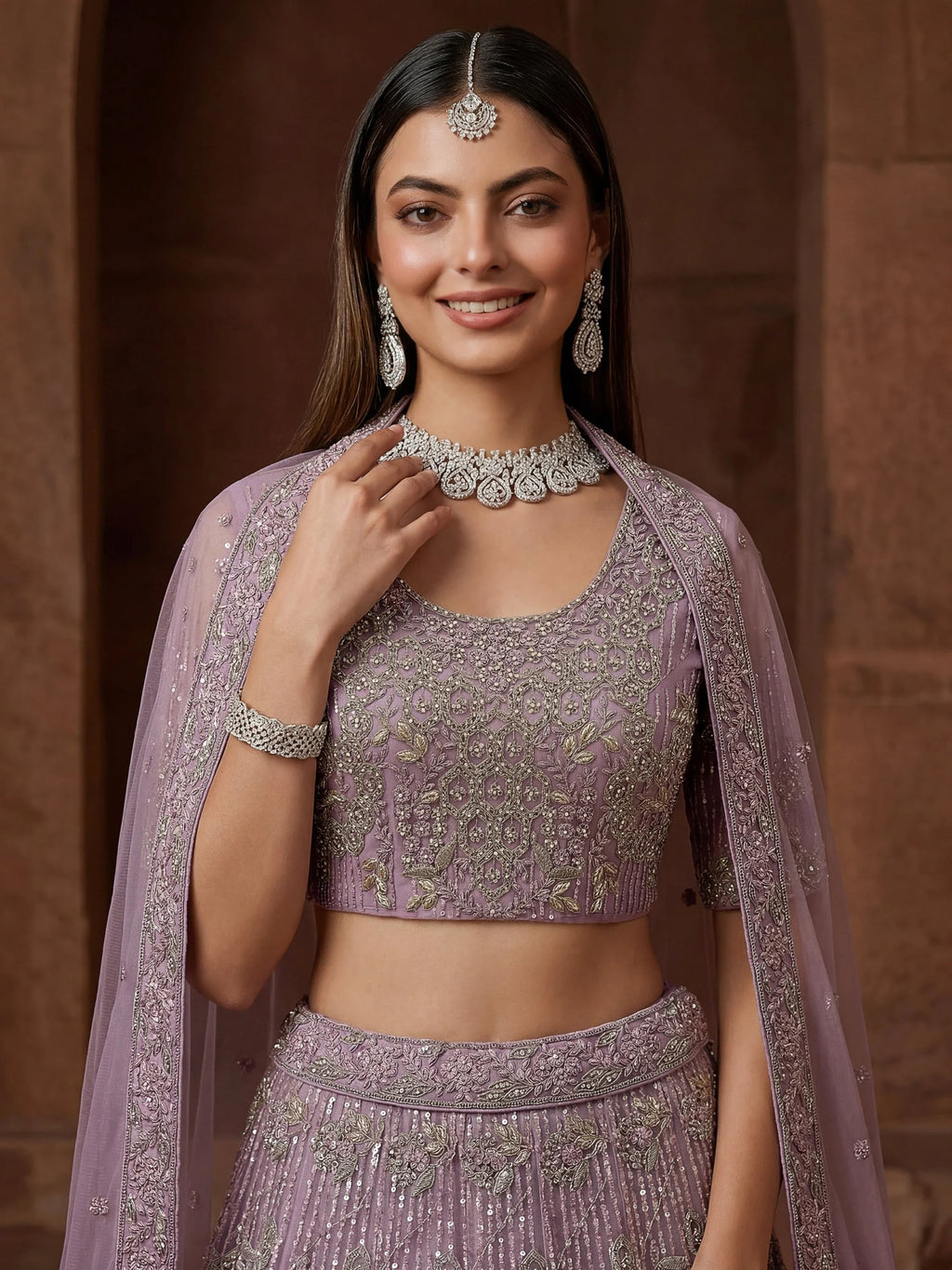 Lavender Breathtaking Zircon Work Net Bridesmaid Lehenga With Blouse