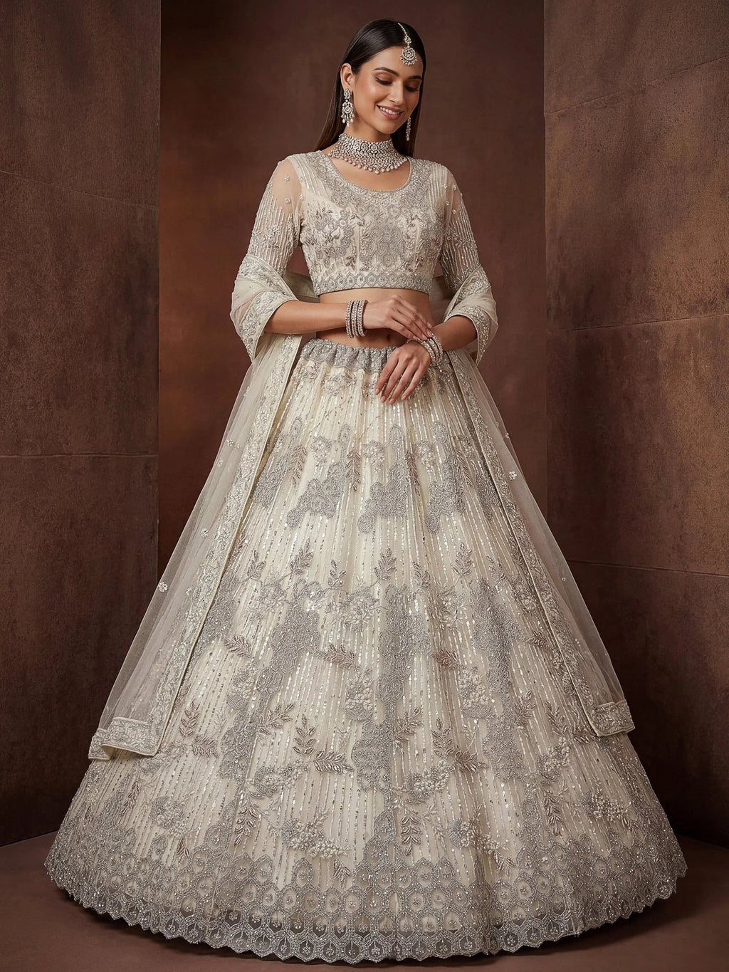 Cream Breathtaking Zircon Work Net Bridesmaid Lehenga With Blouse
