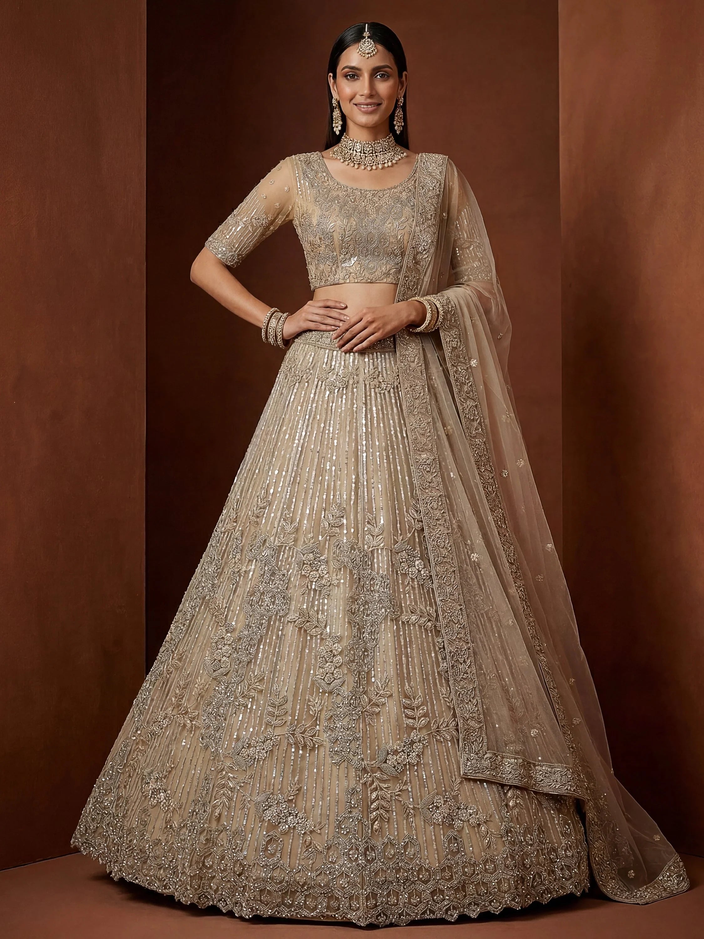 Beige Breathtaking Zircon Work Net Bridesmaid Lehenga With Blouse