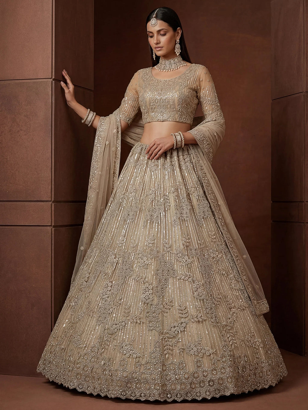 Beige Breathtaking Zircon Work Net Bridesmaid Lehenga With Blouse
