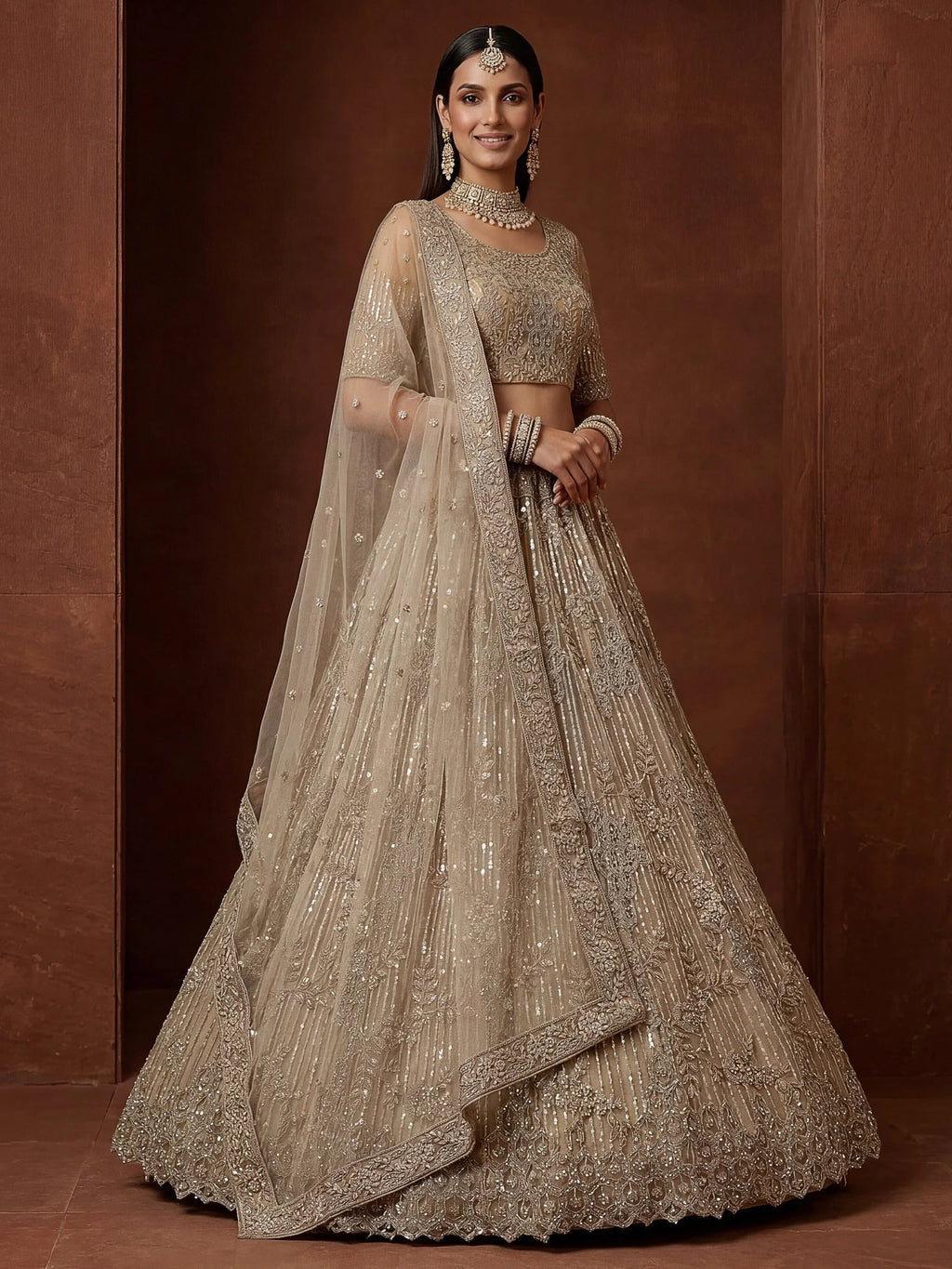 Beige Breathtaking Zircon Work Net Bridesmaid Lehenga With Blouse