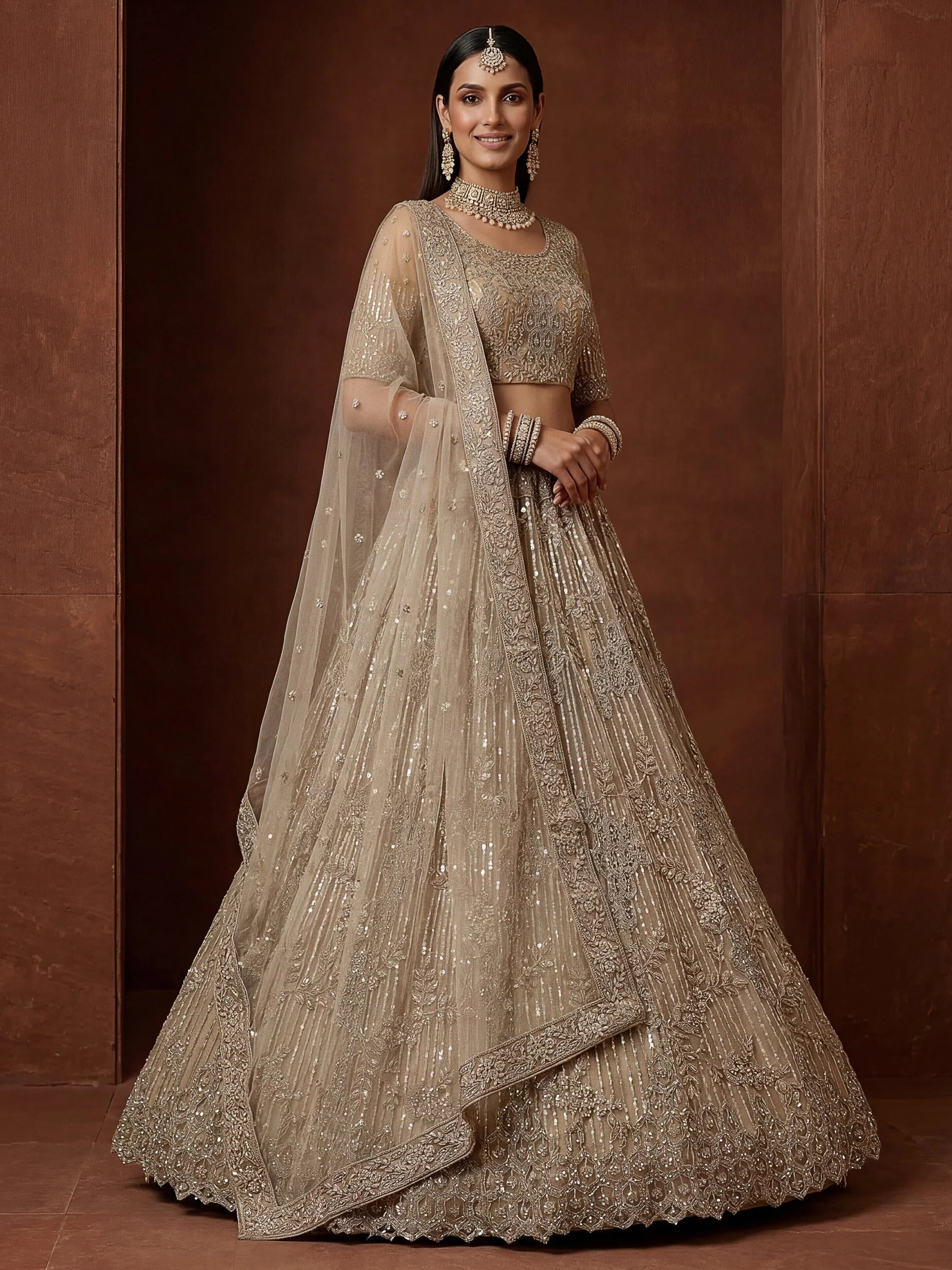 Beige Breathtaking Zircon Work Net Bridesmaid Lehenga With Blouse