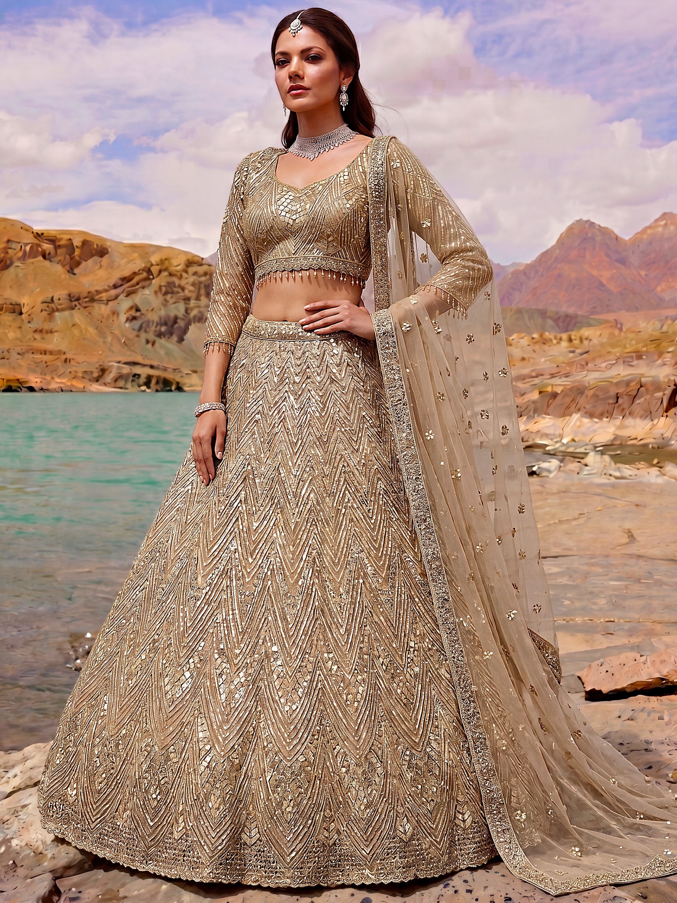 Luxurious Gold Sequins Net Reception Wear Lehenga Choli With Dupatta