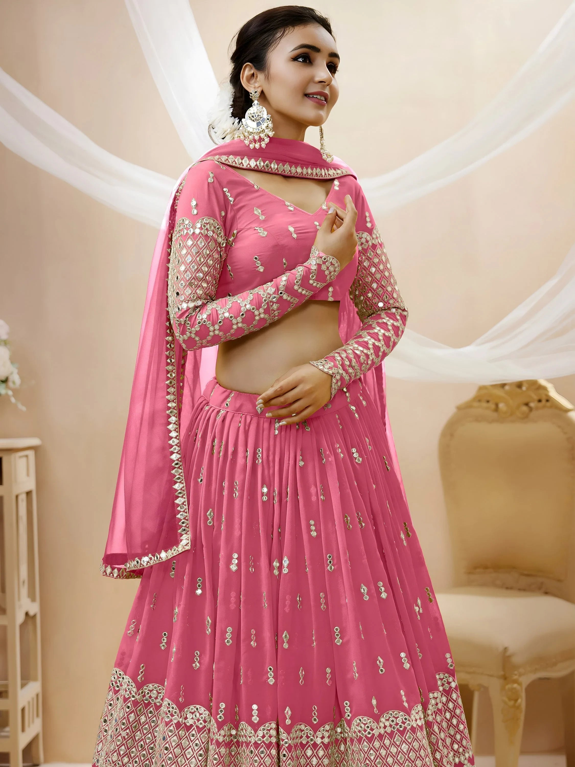 Pretty Pink Embroidered Georgette Bridesmaid Plus Size Lehenga Choli