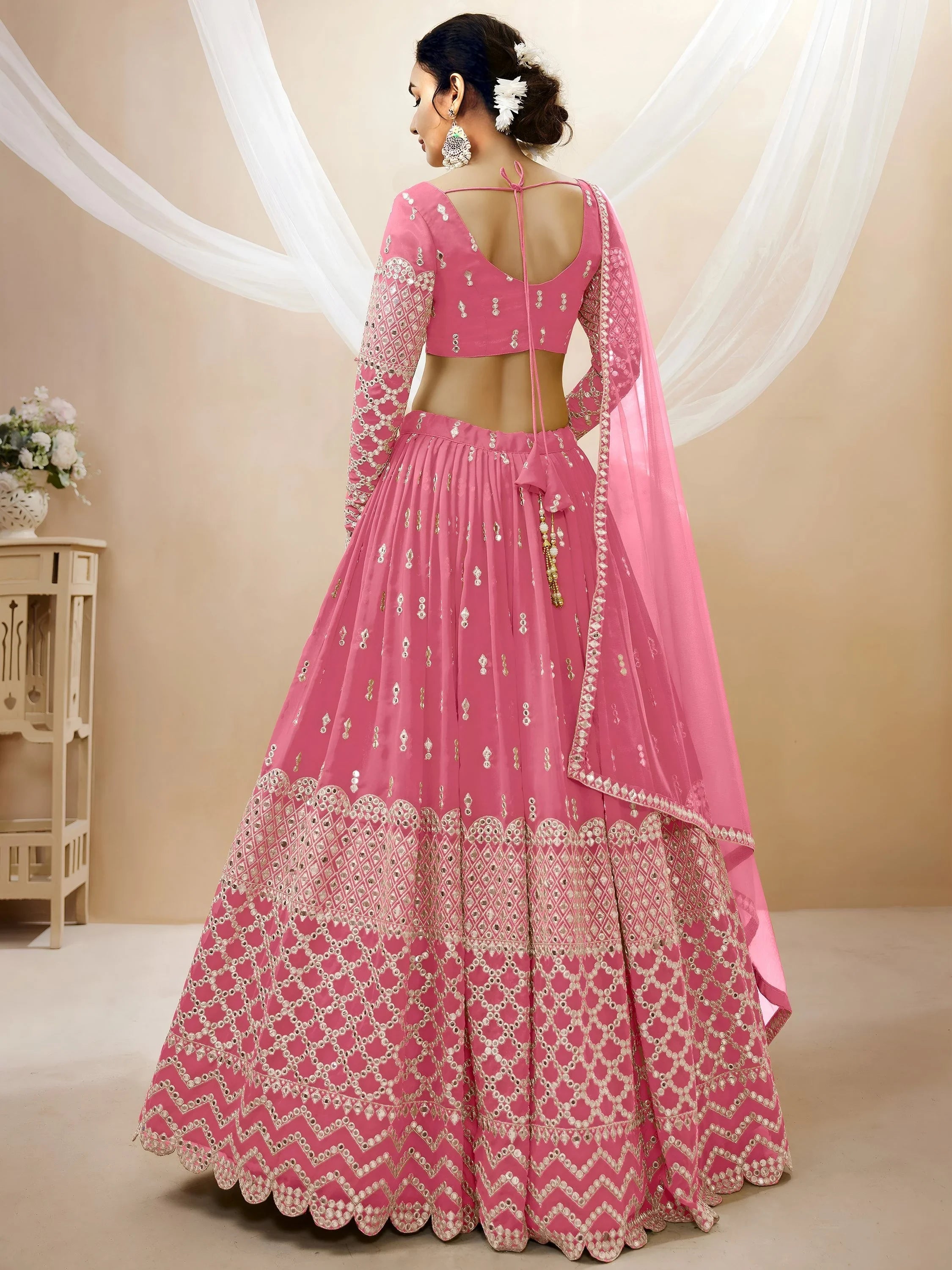 Pretty Pink Embroidered Georgette Bridesmaid Plus Size Lehenga Choli