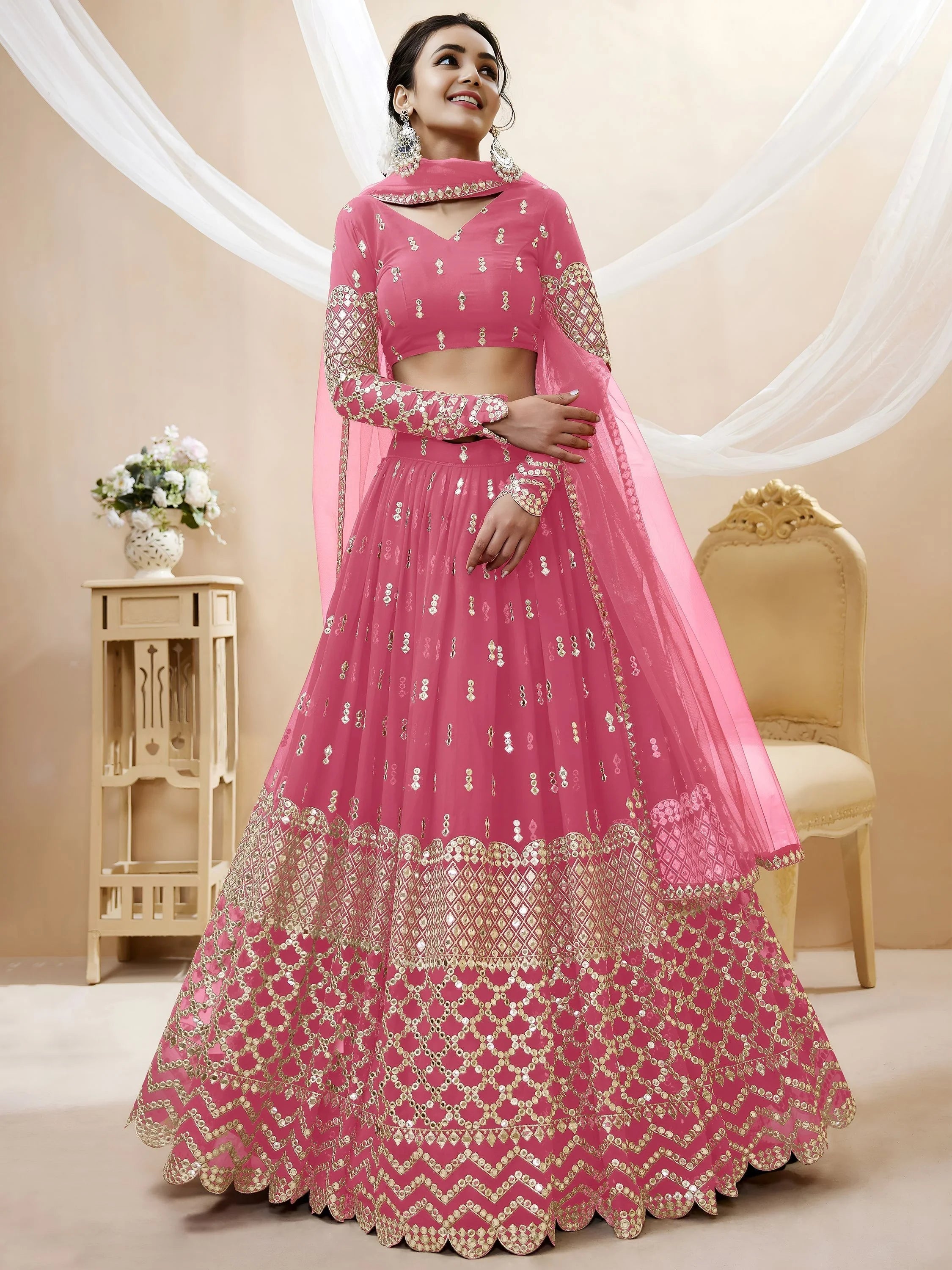 Pretty Pink Embroidered Georgette Bridesmaid Plus Size Lehenga Choli