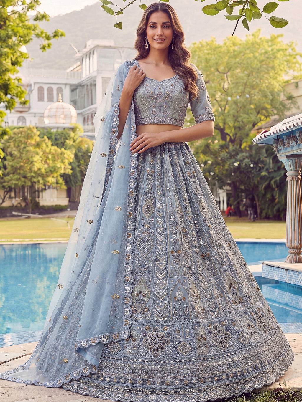 Blue Shiny Embroidered Net Reception Wear Lehenga Choli With Dupatta