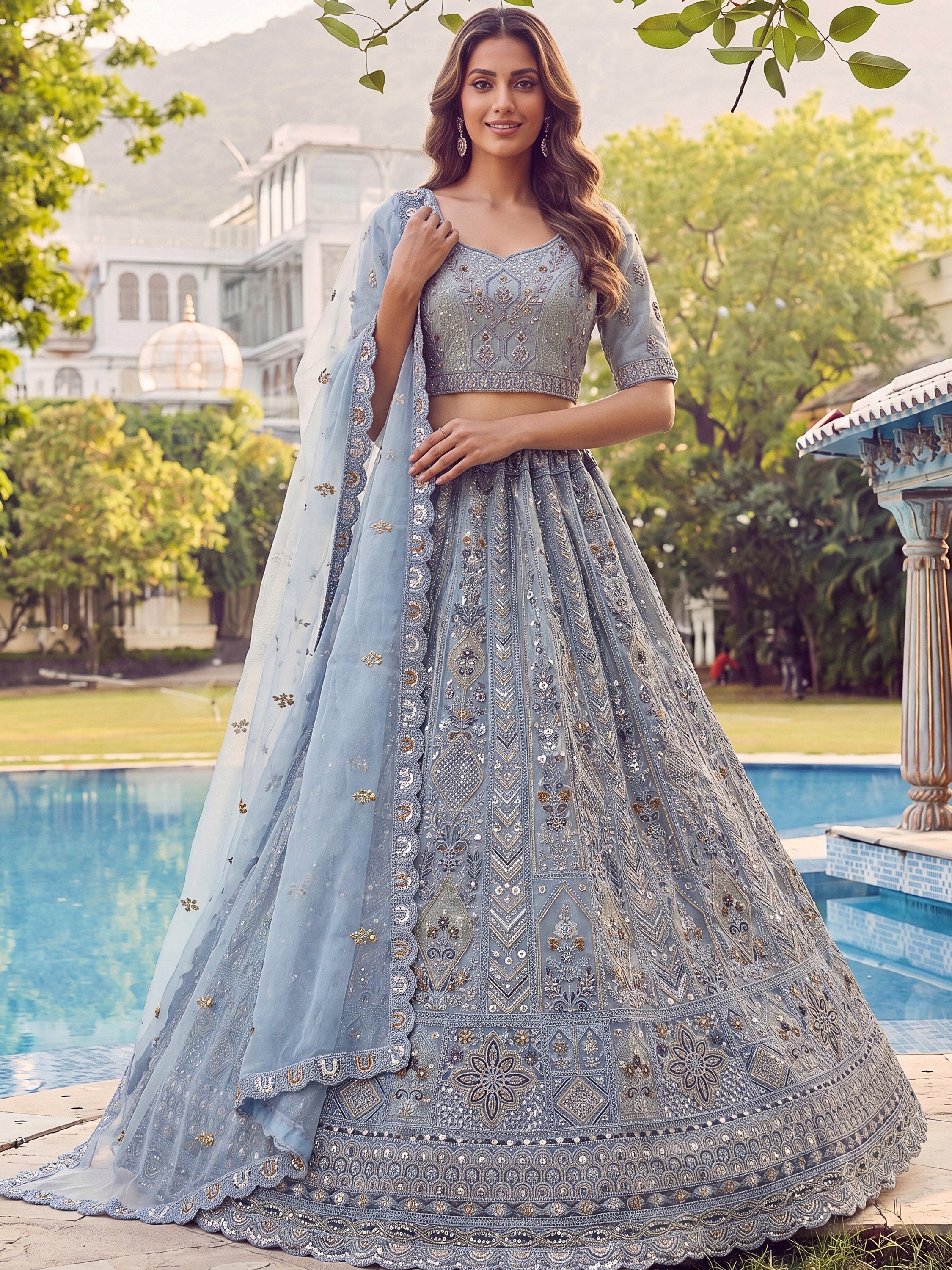 Blue Shiny Embroidered Net Reception Wear Lehenga Choli With Dupatta