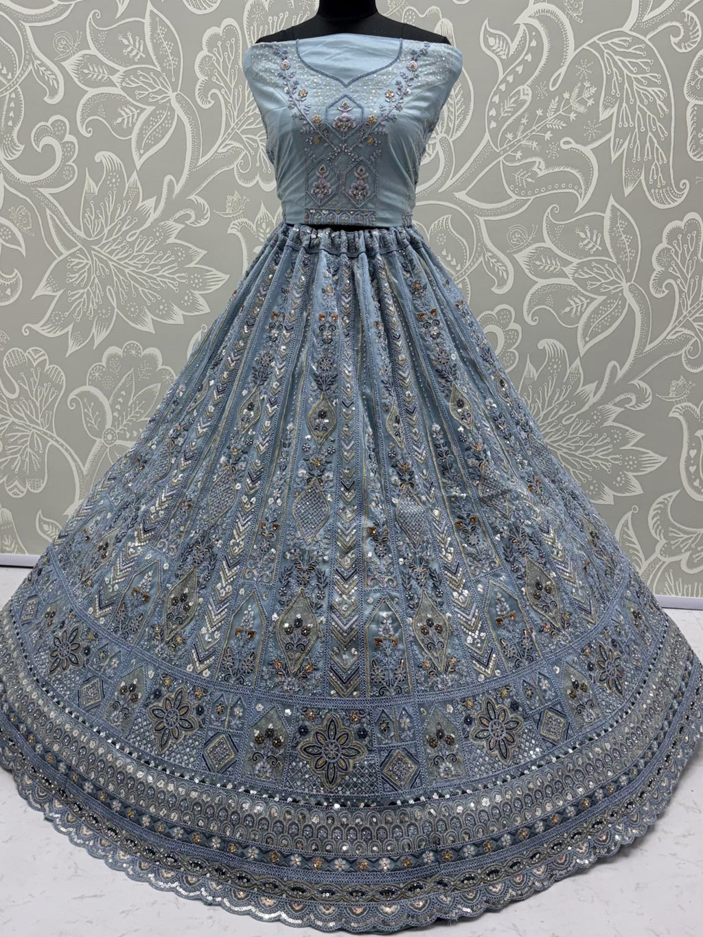 Blue Shiny Embroidered Net Reception Wear Lehenga Choli With Dupatta