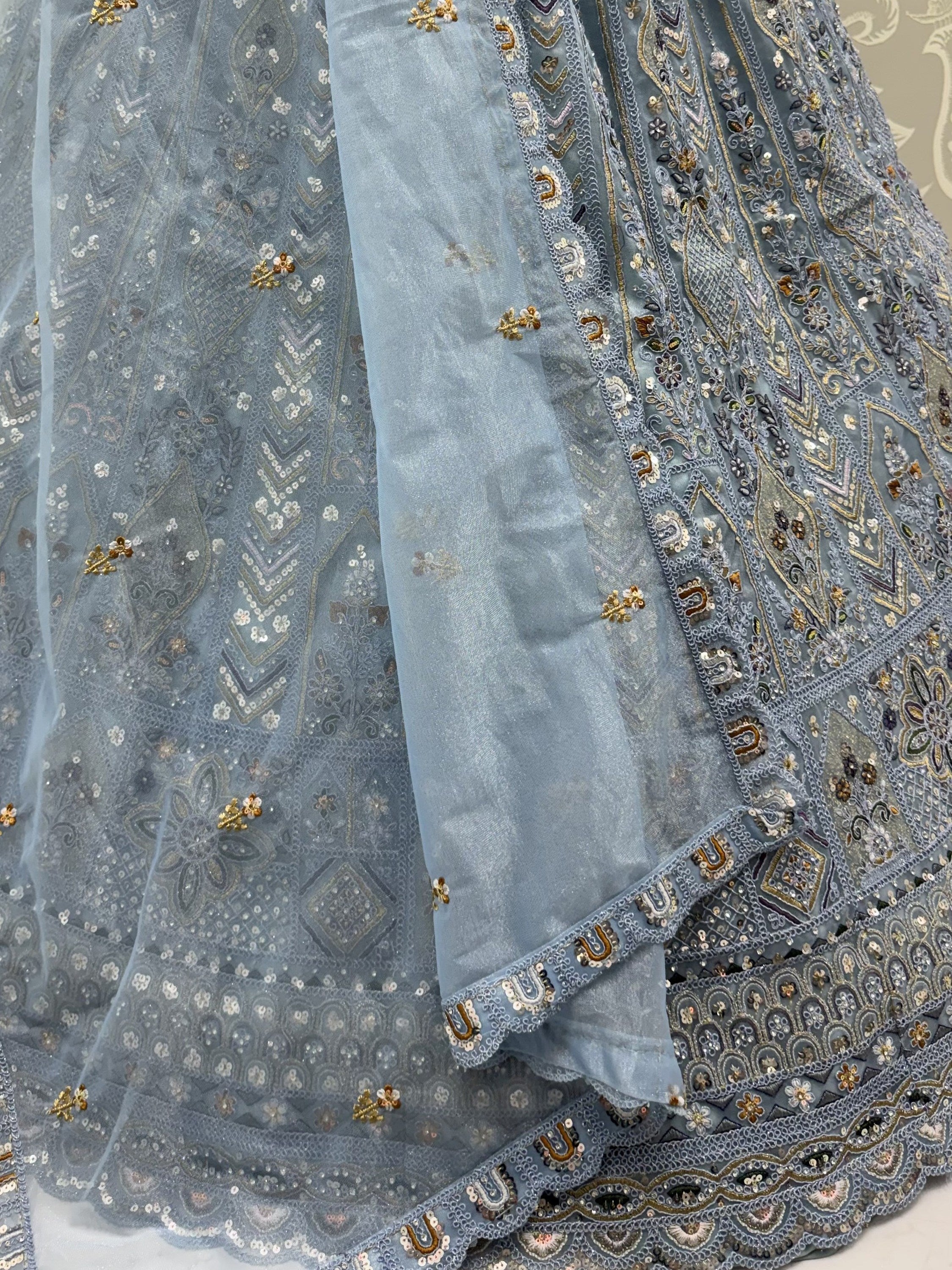 Blue Shiny Embroidered Net Reception Wear Lehenga Choli With Dupatta