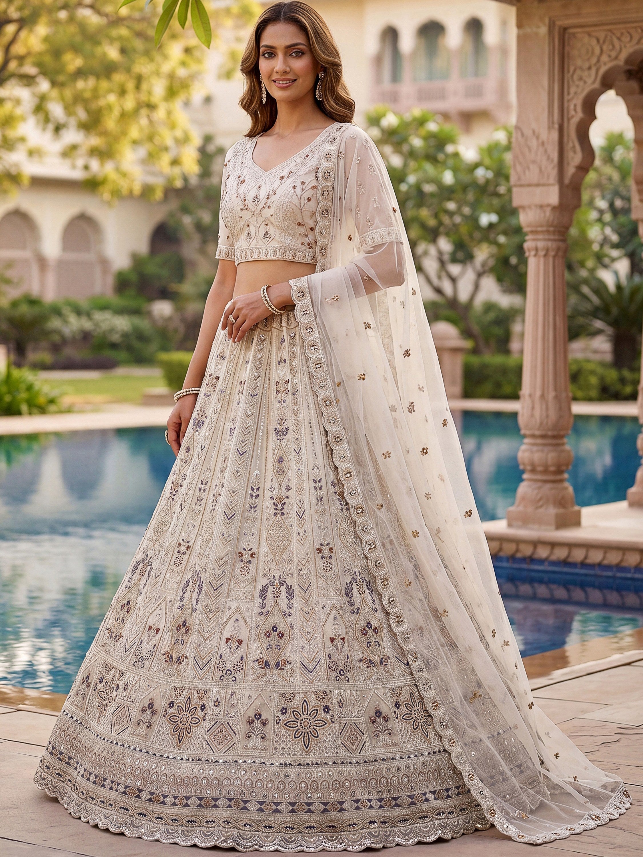 Cream Shiny Embroidered Net Reception Wear Lehenga Choli With Dupatta